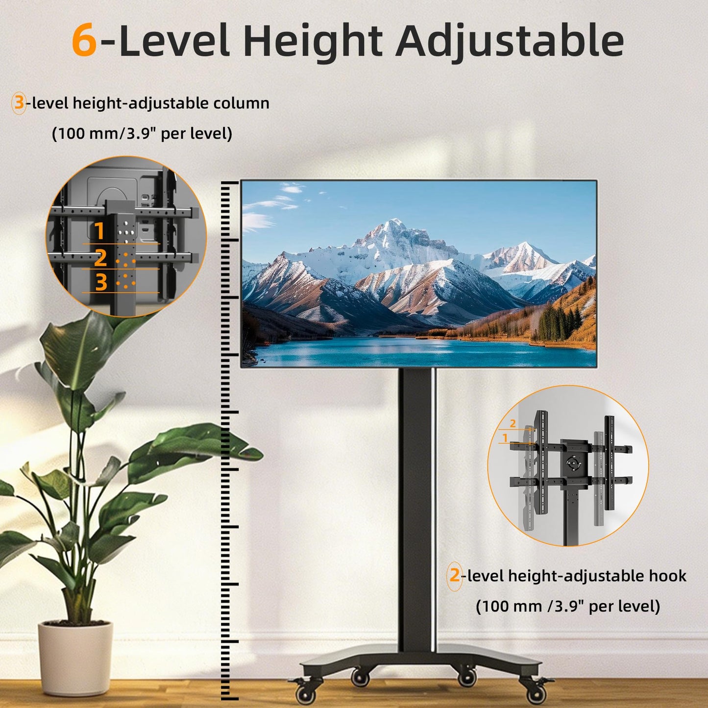 GUZHIKU Rolling TV Stand with Lockable Wheels for 37-80 inch TVs Hold 129 lbs, Mobile TV Stand Vertical and Horizontal Rotate ±90°, Height Adjustable TV Cart, Landscape to Portrait Max VESA 800x600
