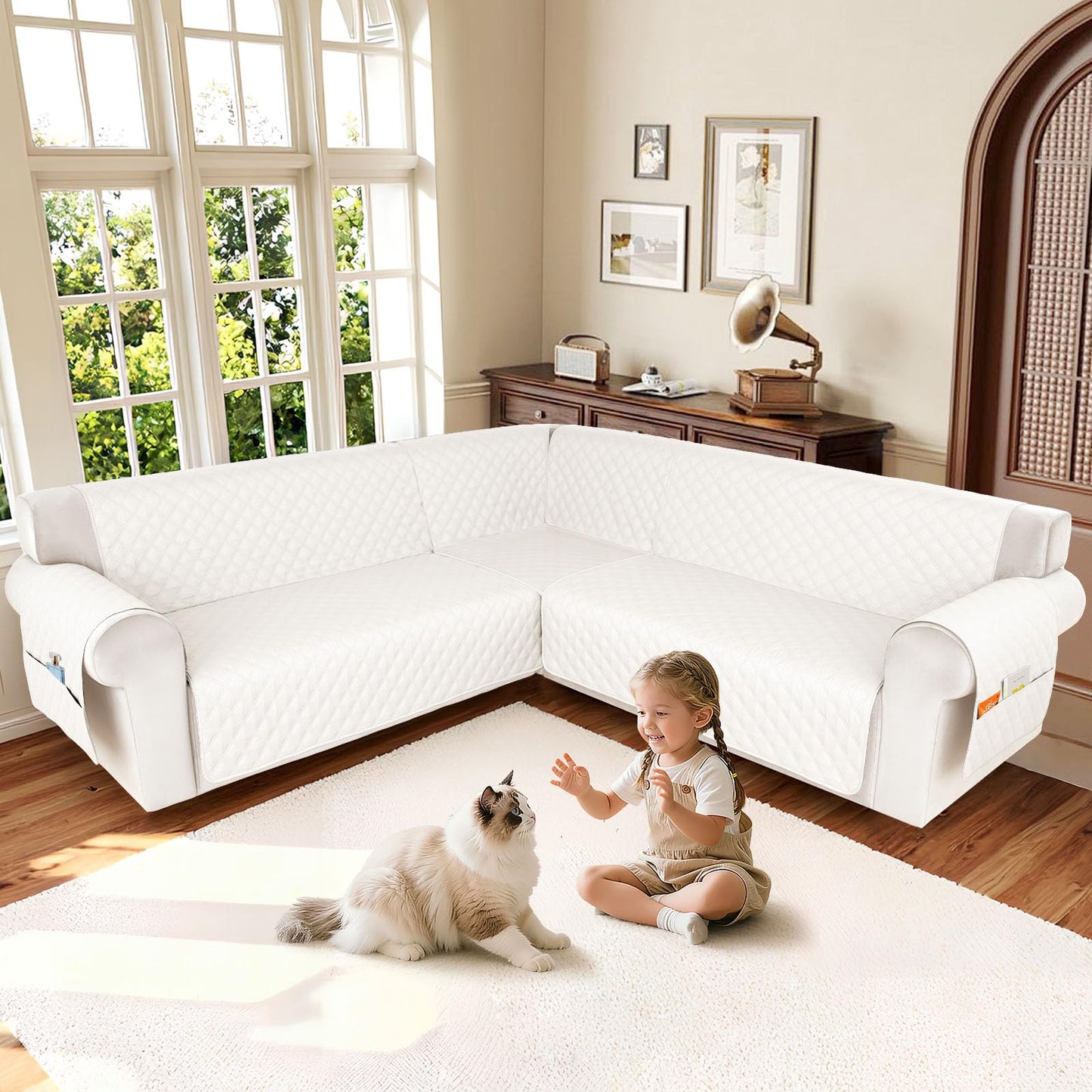 HDCAXKJ Waterproof Sectional Couch Cover L Shaped Sofa Covers Washable Corner Sectional Slipcovers Dog Pet Proof U Shape Furniture Protector with Upgraded Anti Slip Strips (Large, Creamy)
