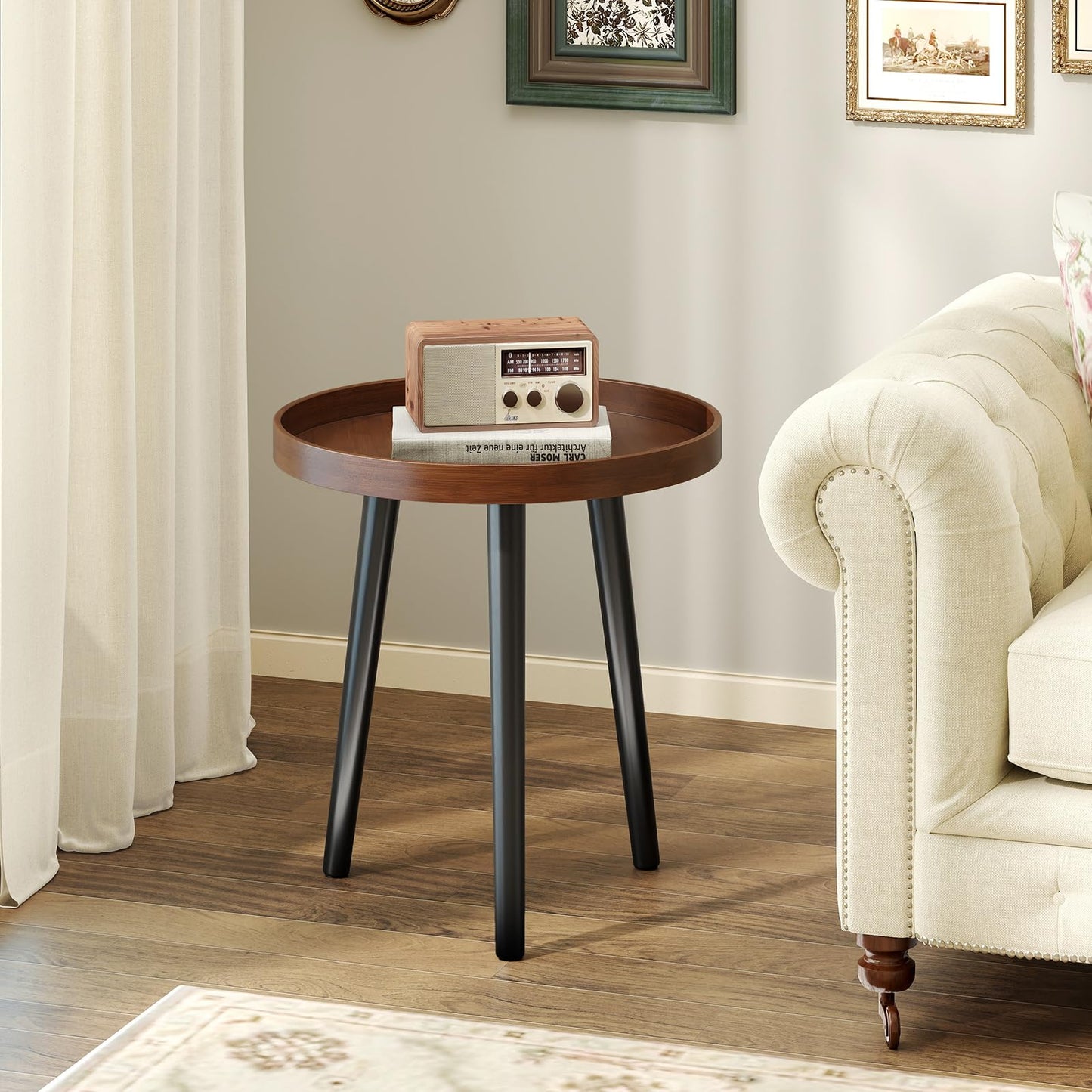 Giantex Round End Table, Mid Century Modern Side Table with Wooden Tray & Bamboo Legs, Sofa Couch Accent Table, Small Coffee Table for Small Space Living Room, Nightstand for Bedroom, Walnut