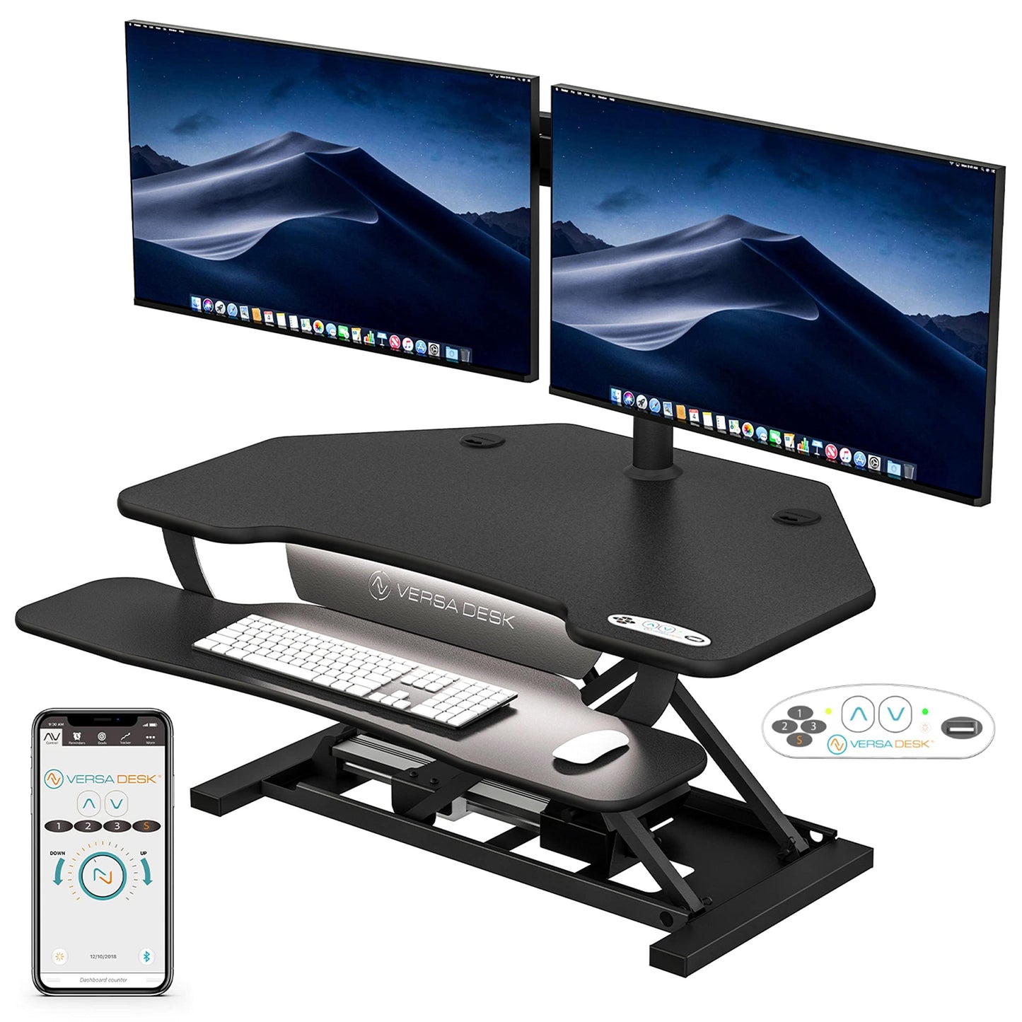 VERSADESK PowerPro Elite Standing Desk Converter, 36" Corner Electric Height Adjustable Desk Riser with Programmable App Control, Hold 80 lbs, Keyboard Tray, USB Port Charger, Maple