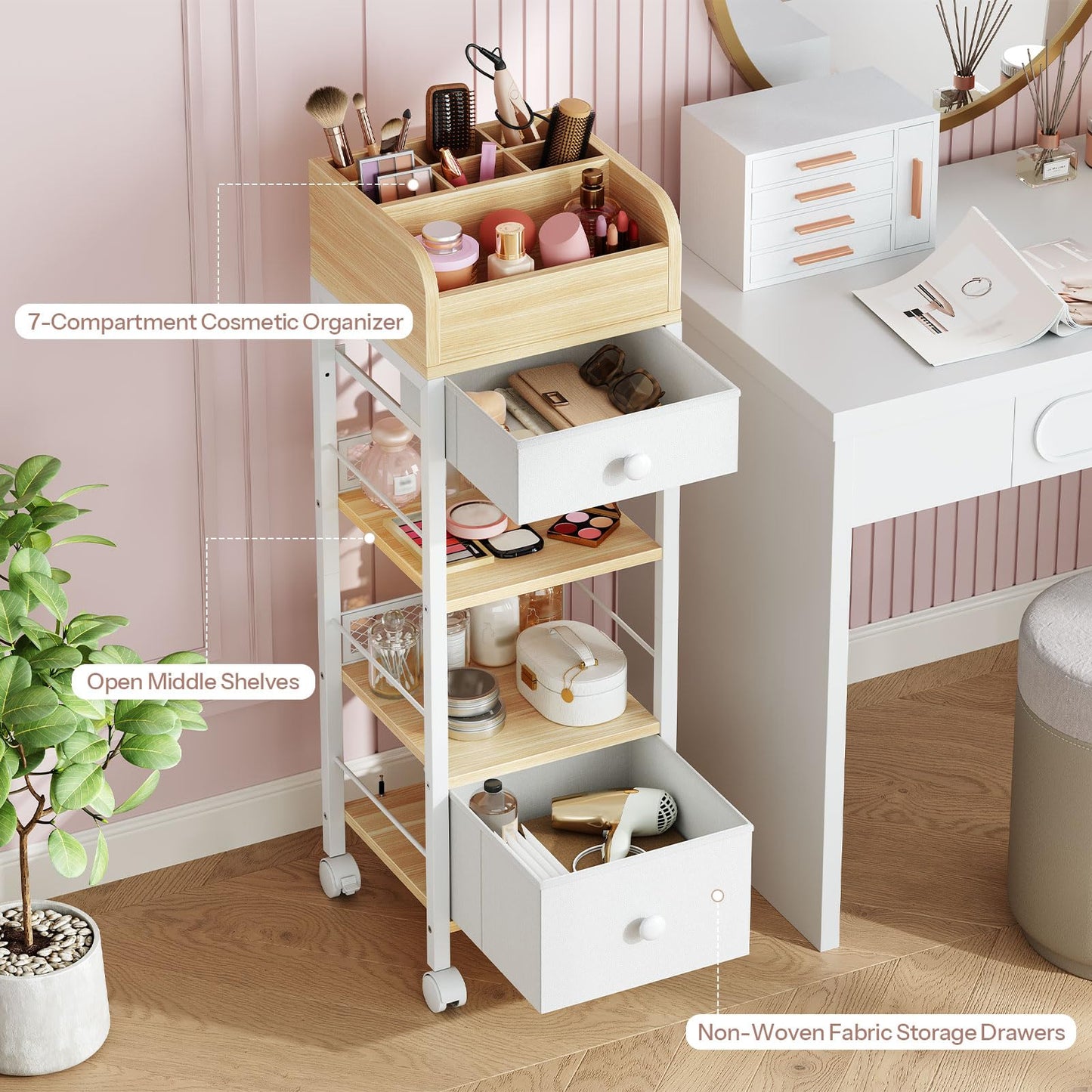 HOOBRO Makeup Organizer Cart with Fabric Drawers, Mobile Makeup Storage with Swivel Casters and Leveling Feet, Cosmetics Display Holder for Bathroom and Bedroom Vanity, White and Natural WN20TC04