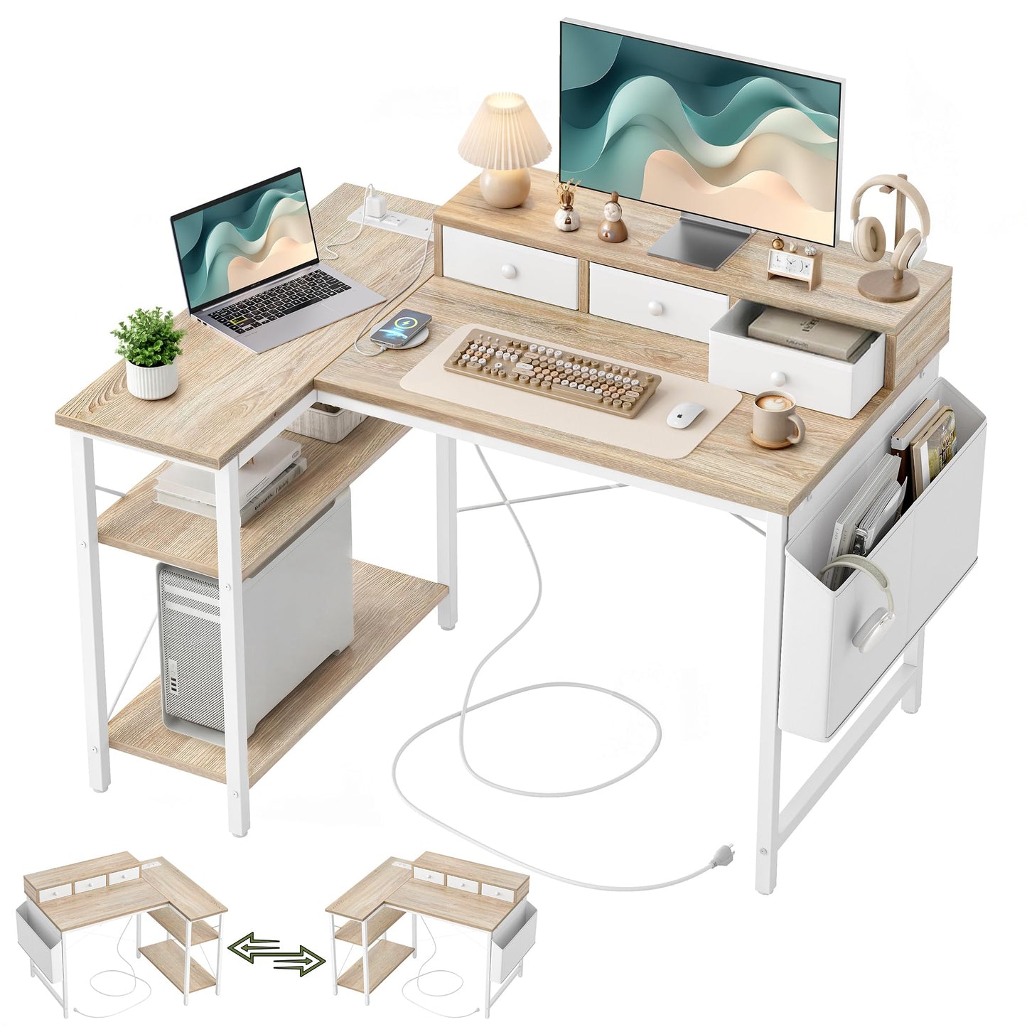 TIQLAB 40 Inch L Shaped Computer Desk with 3 Drawers & Power Outlets, Small Corner Desk with Reversible Shelves, Vanity Kids Writing PC Desk for Bedroom Home Office, Study Table for Girls, Maple