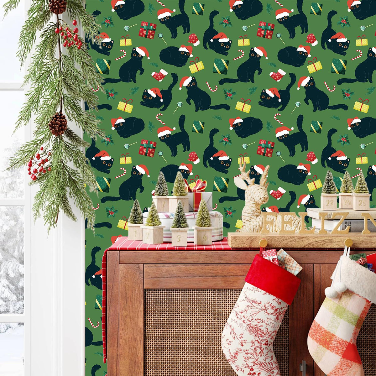 IARTTOP Christmas Cat Wallpaper Peel and Stick Christmas Party Contact Paper for Cabinets Black Cats Santa Hats Wallpaper Candy Cane Green Xmas Backdrop for Holiday Bedroom Cat Lovers(17.3"X118.1")
