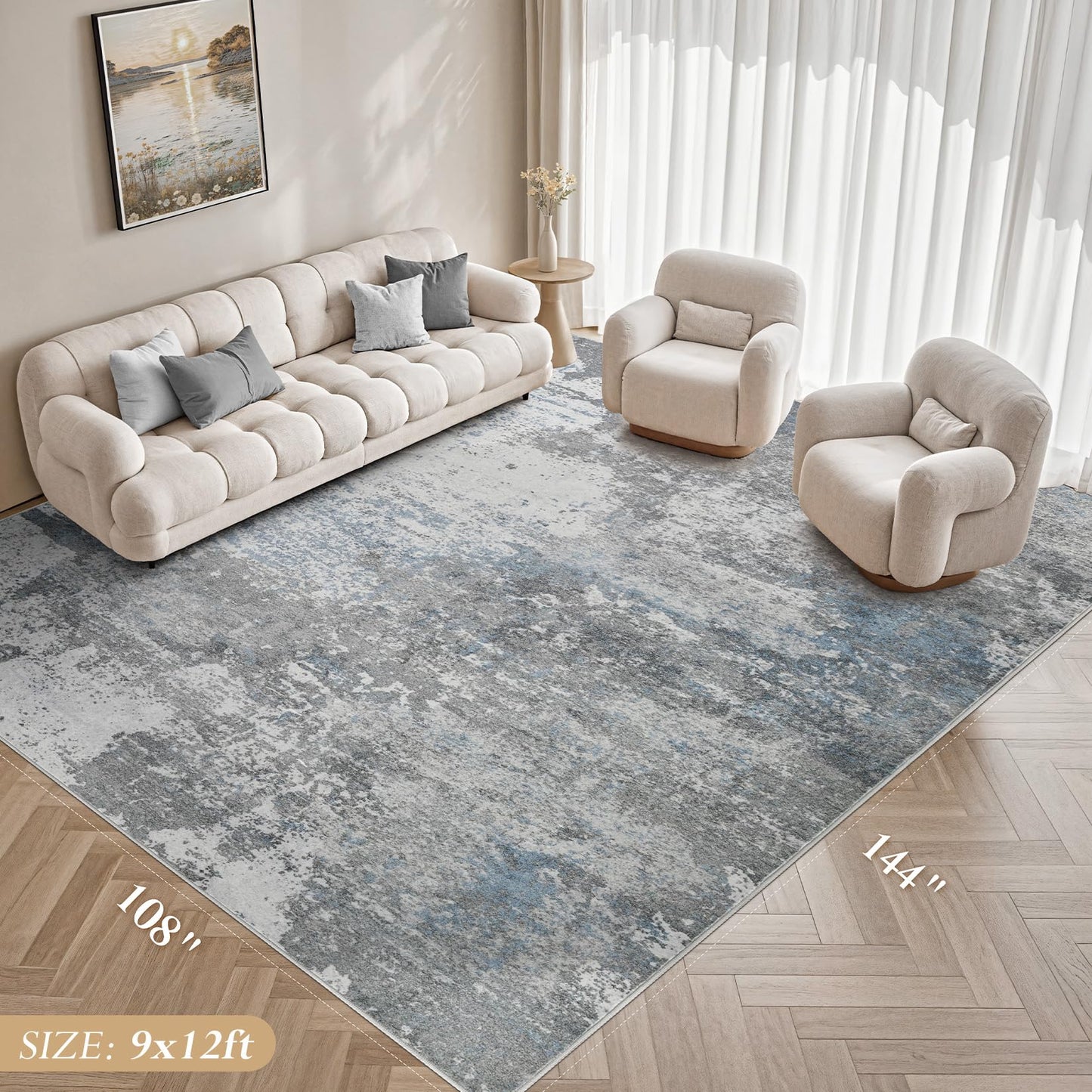 Micgeek Area Rug Living Room - 9X12 Abstract Washable Large Soft Foldable Non Slip Rug Neutral Modern Low Pile Carpet for Bedroom Nursery Dining Room Farmhouse Home Office Indoor - Grey Blue