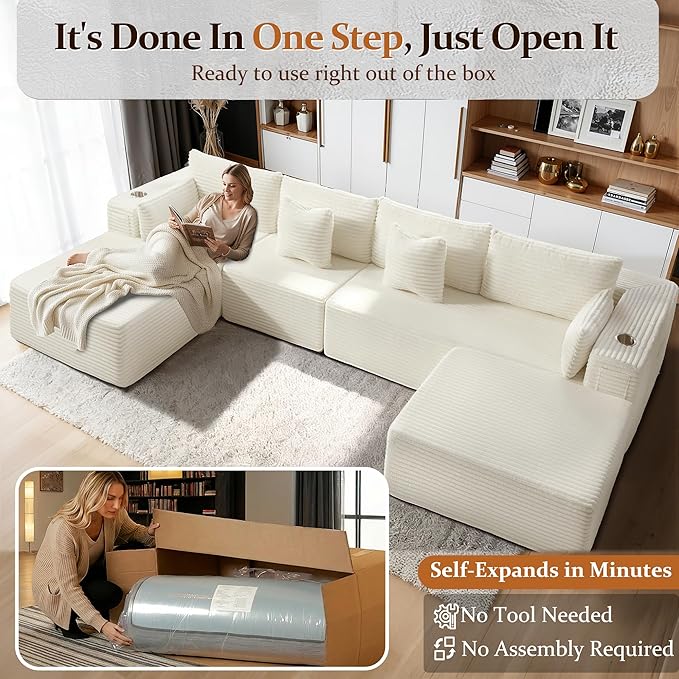 138" Cloud Sectional Couch, Comfort U Shaped Boneless Couch
