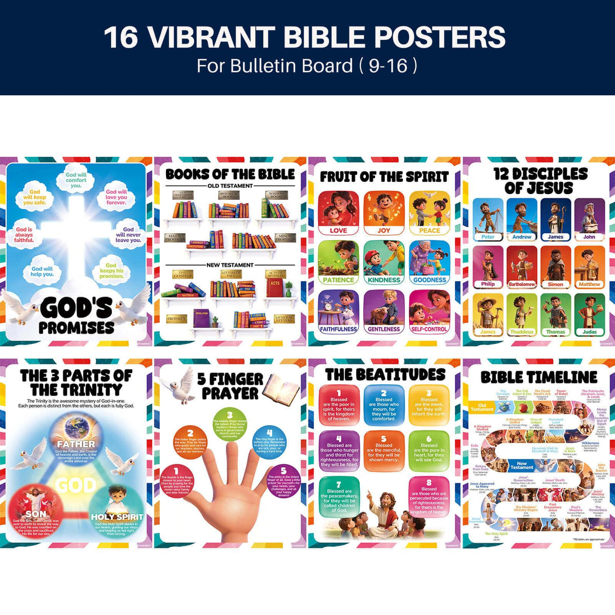 16pcs Bible Posters for Kids, 11x14in Sunday School Decorations for Classroom, Laminated Christian Wall Art with Glue Dots, Waterproof Books of the Bible Scripture Educational Prints for Homeschool