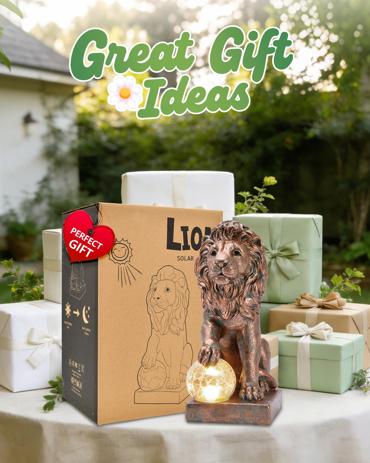 Nacome Guardian Lion Garden Decor: Outdoor Decoration Statue with Ball Lights for Yard Art Porch Patio Balcony - Unique Birthday Choice for Women Mom Lover - 9.45in (Copper)