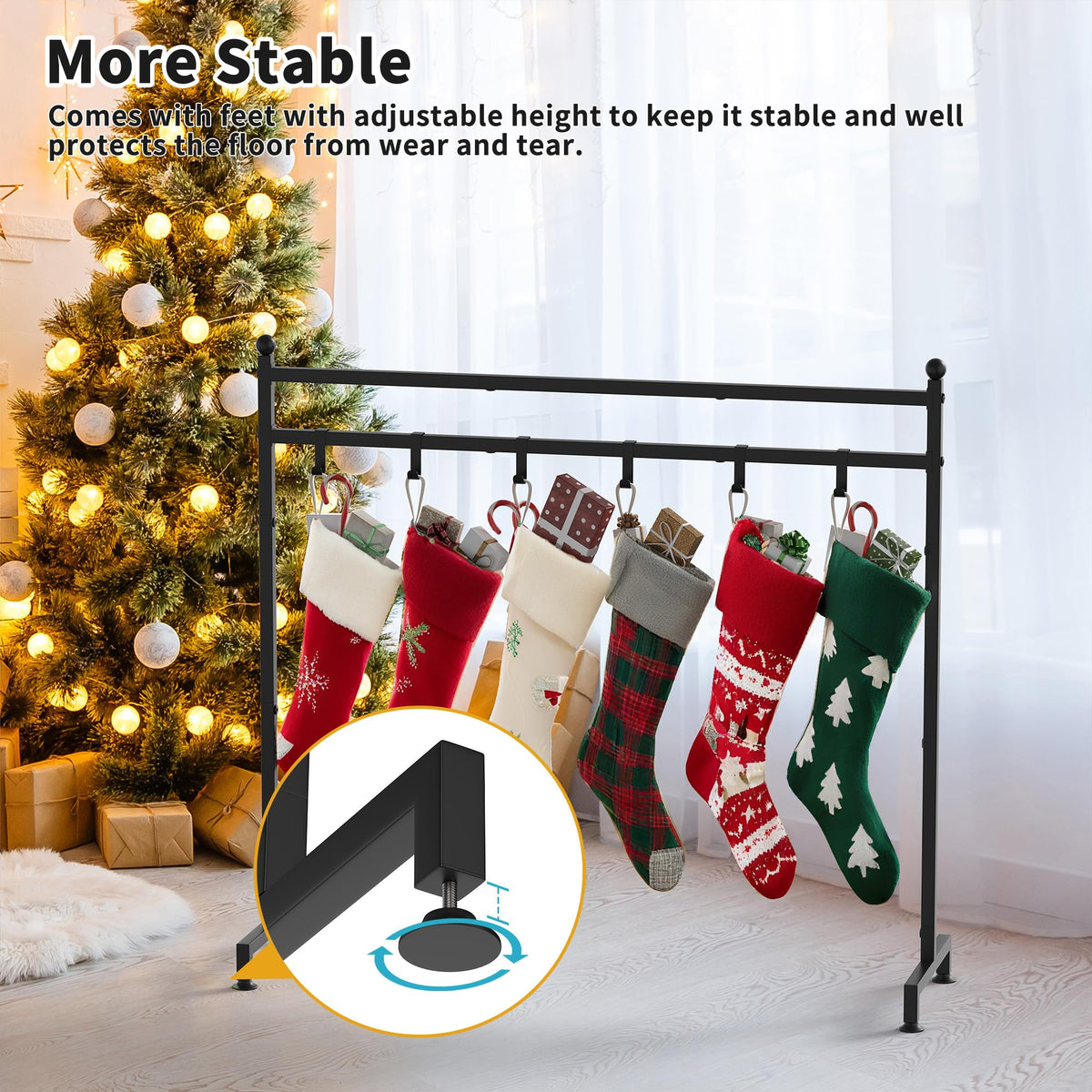GloTika Christmas Stocking Holder Stand with 8 Hooks, Heavy Duty Freestanding Christmas Stocking Stand for Floor, Metal Holiday Decor Hanger Display for Fireplace Xmas Holiday Decoration