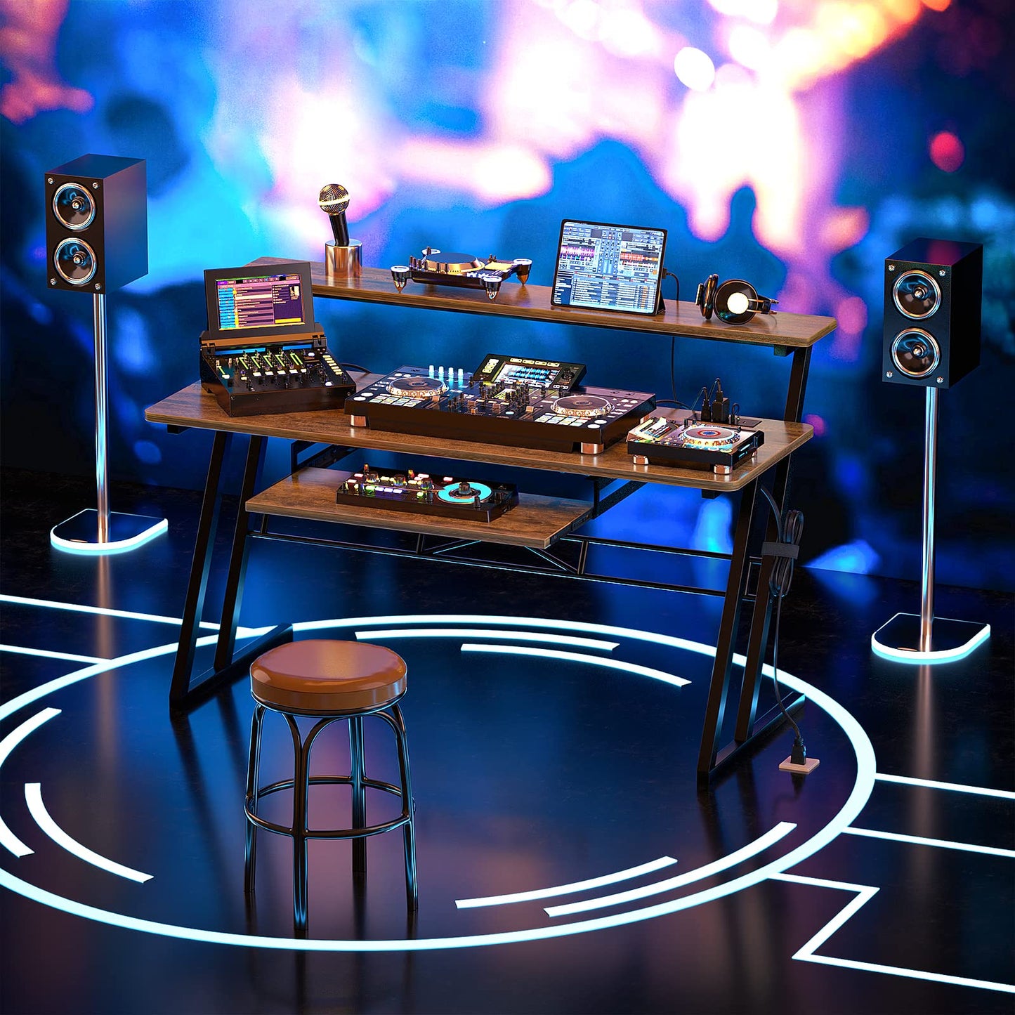 Armocity Music Studio Desk Production Workstation - 47" Recording Studio Desks for Producer with Power Outlet, Studio Workstation for Music Recording, Home Studio Table Desk, Rustic Brown