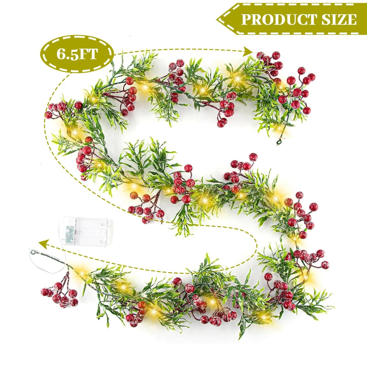Christmas Garland with Light,Lighted Snowy Red Berries Holly Leaves Garland for Fireplace Mantle Indoor Outdoor Christmas Decoration 6.5FT Pre-lit Battery Operated Xmas String Lights 1 Pack