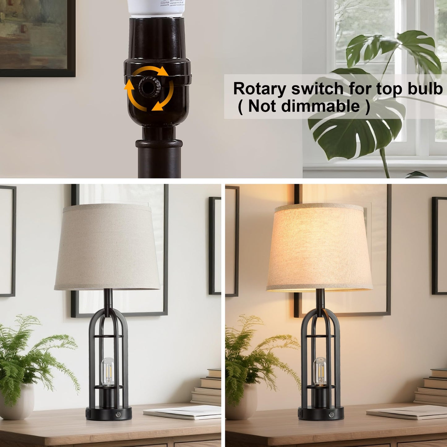 SRJJA 24" Table Lamps for Living Room Set of 2, Farmhouse Industrial 3-Way Dimmable Touch Bedside Lamps with USB A+C for Bedroom Nightstand，4 Bulbs Included