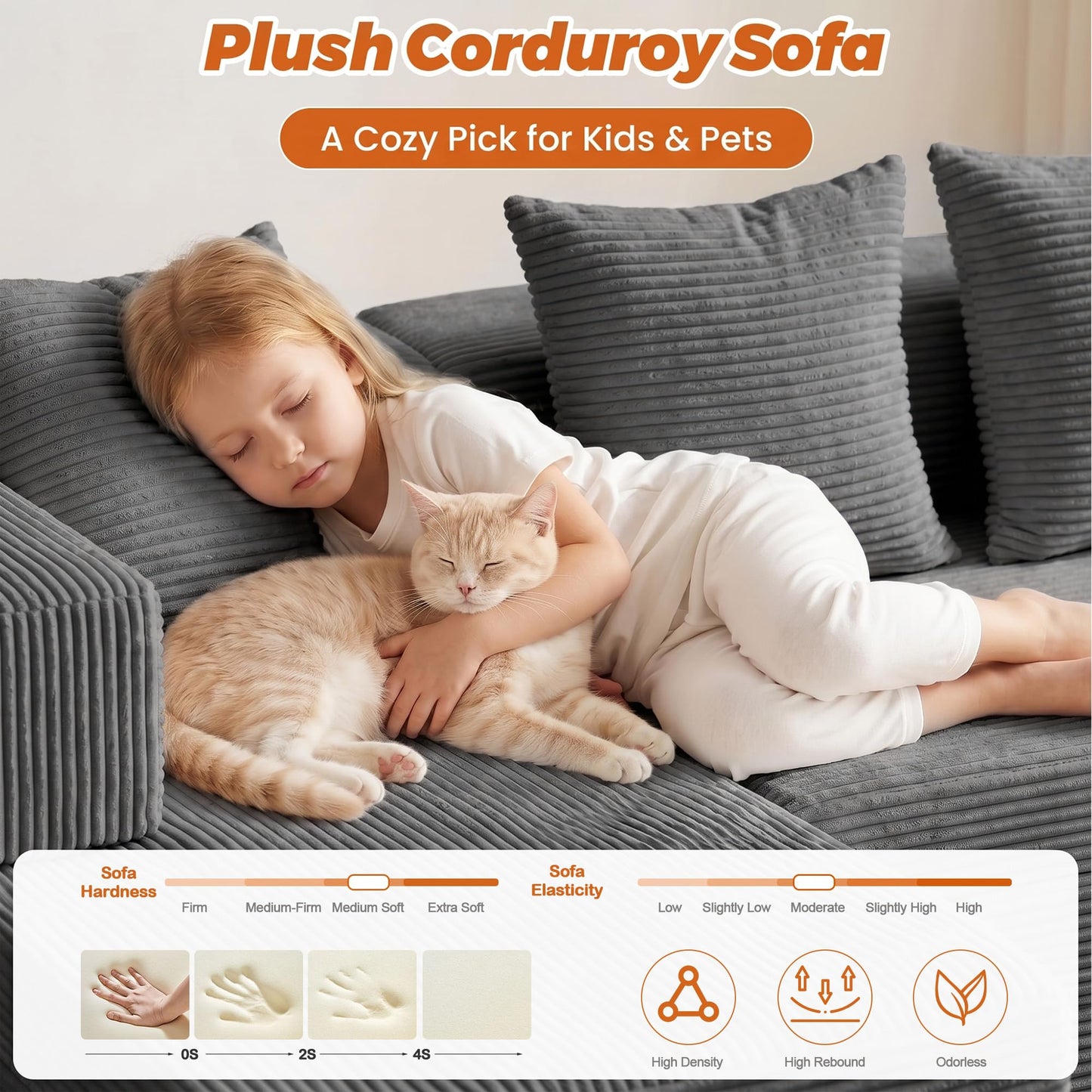 feliz home 6-in-1 Tri-Folding Mattress | Cloud Boneless L-Shaped Modular Sectional Couches | Corduroy Pet-Friendly Convertible Futon Sofa Bed with 800LB Capacity Apartment, Guest Room, Game Room