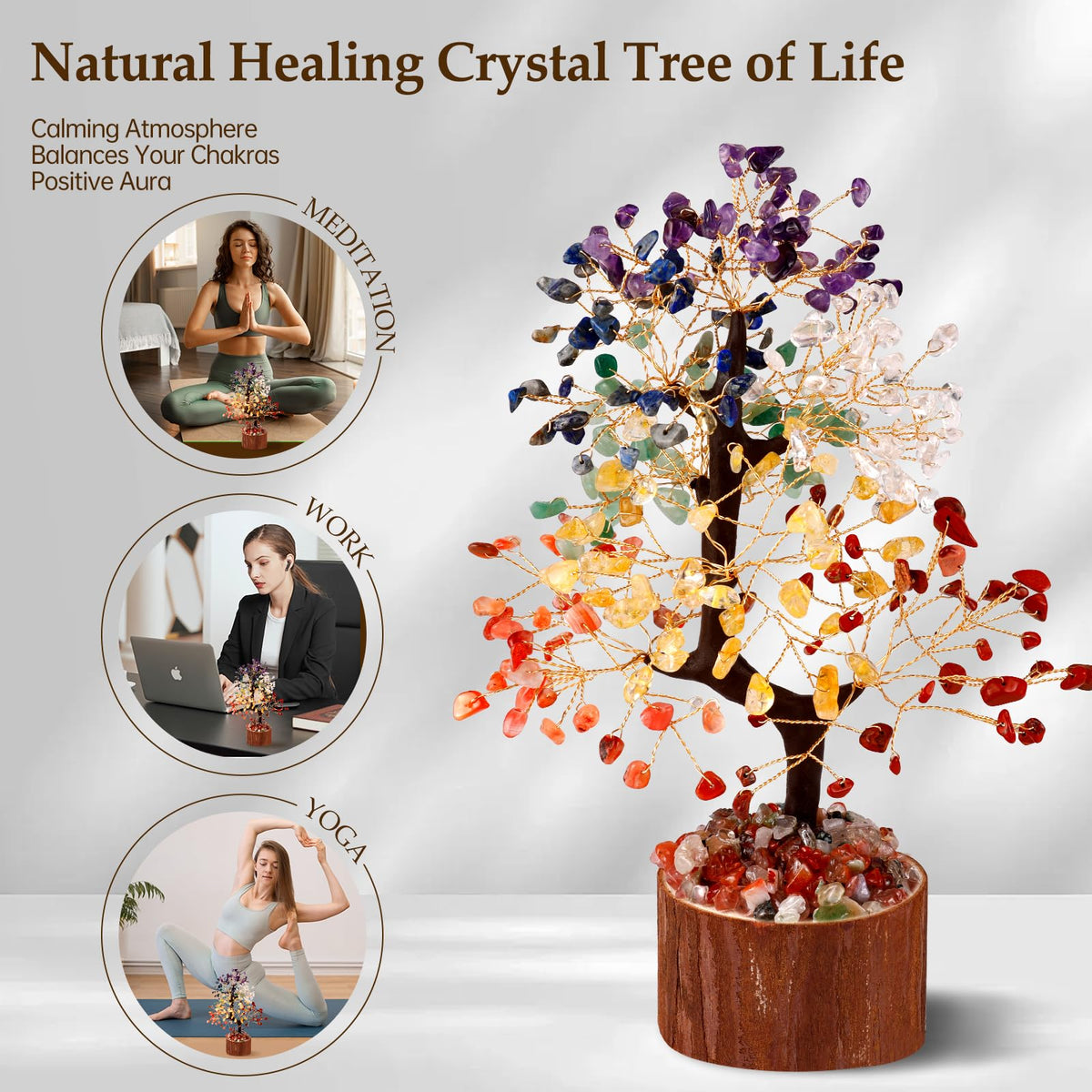 Hazms 7 Chakra Crystal Tree of Life - 8.7 Inches Healing Crystal Tree and 7 Crystals Office and Home Decor Positive Energy Seven Chakra Trees and Healing Stones Spiritual Birthday Gifts for Women