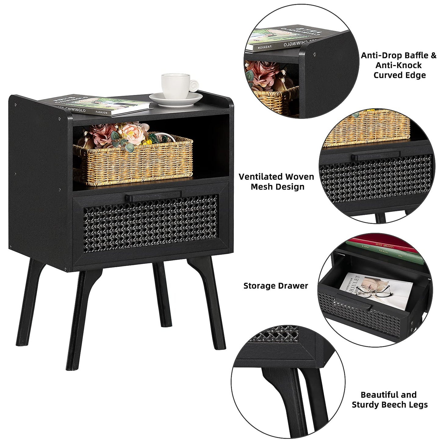 Lerliuo Rattan Nightstands Set of 2, Boho Side Table with Drawer Open Shelf, Cane Accent Bedside End Table with Solid Wood Legs for Bedroom, Dorm and Small Spaces (Black)