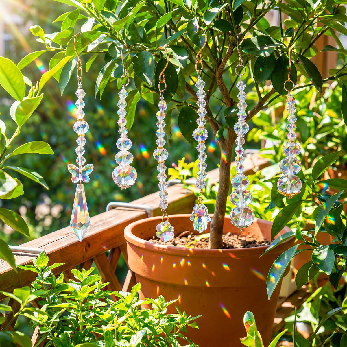 MTLEE 6 Pcs Crystal Suncatchers Plant Decorations Charms Hanging Prisms for Window Indoor Garden Plant Pot Holder Hanger Tree Vine Home Chandeliers Outdoors(Classic)