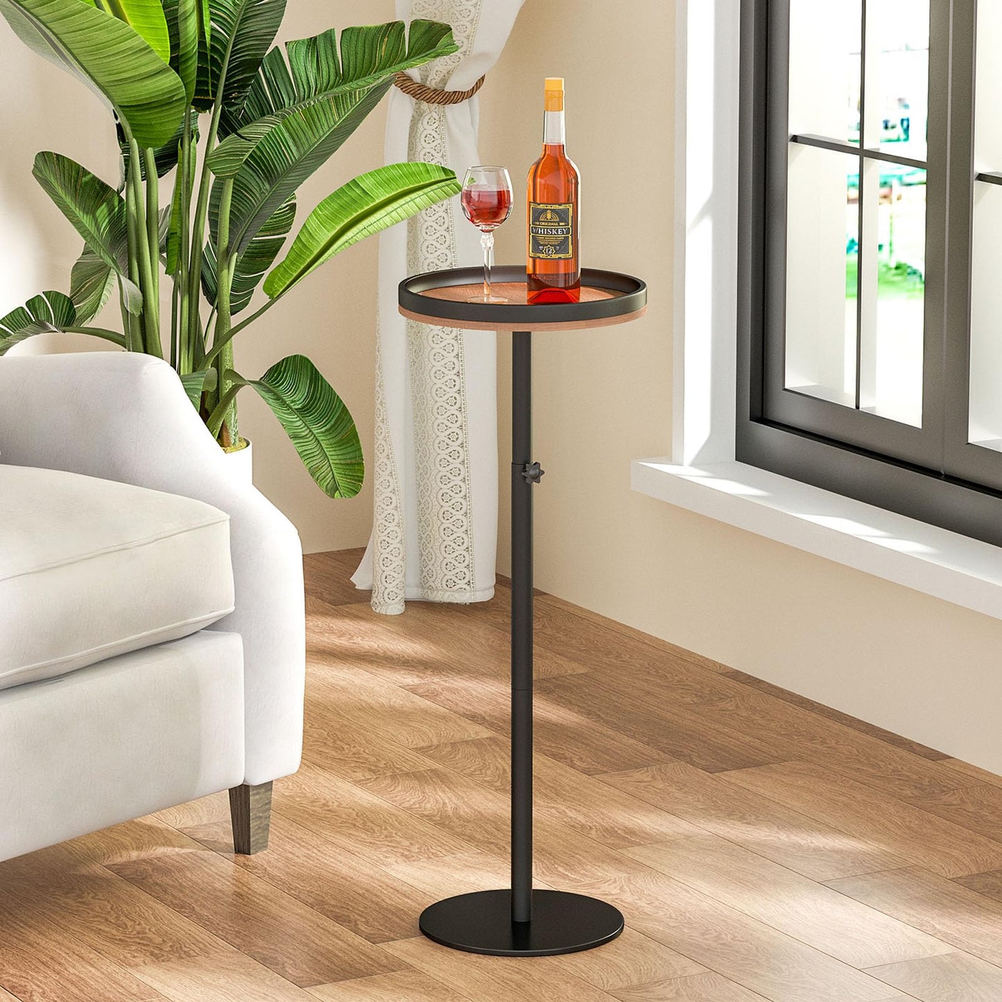 cozynest home Round Side Table, Small Drink Table for Small Spaces, Modern Adjustable Height Martini Pedestal Table for Couch Living Room Bathroom Bedroom Brown