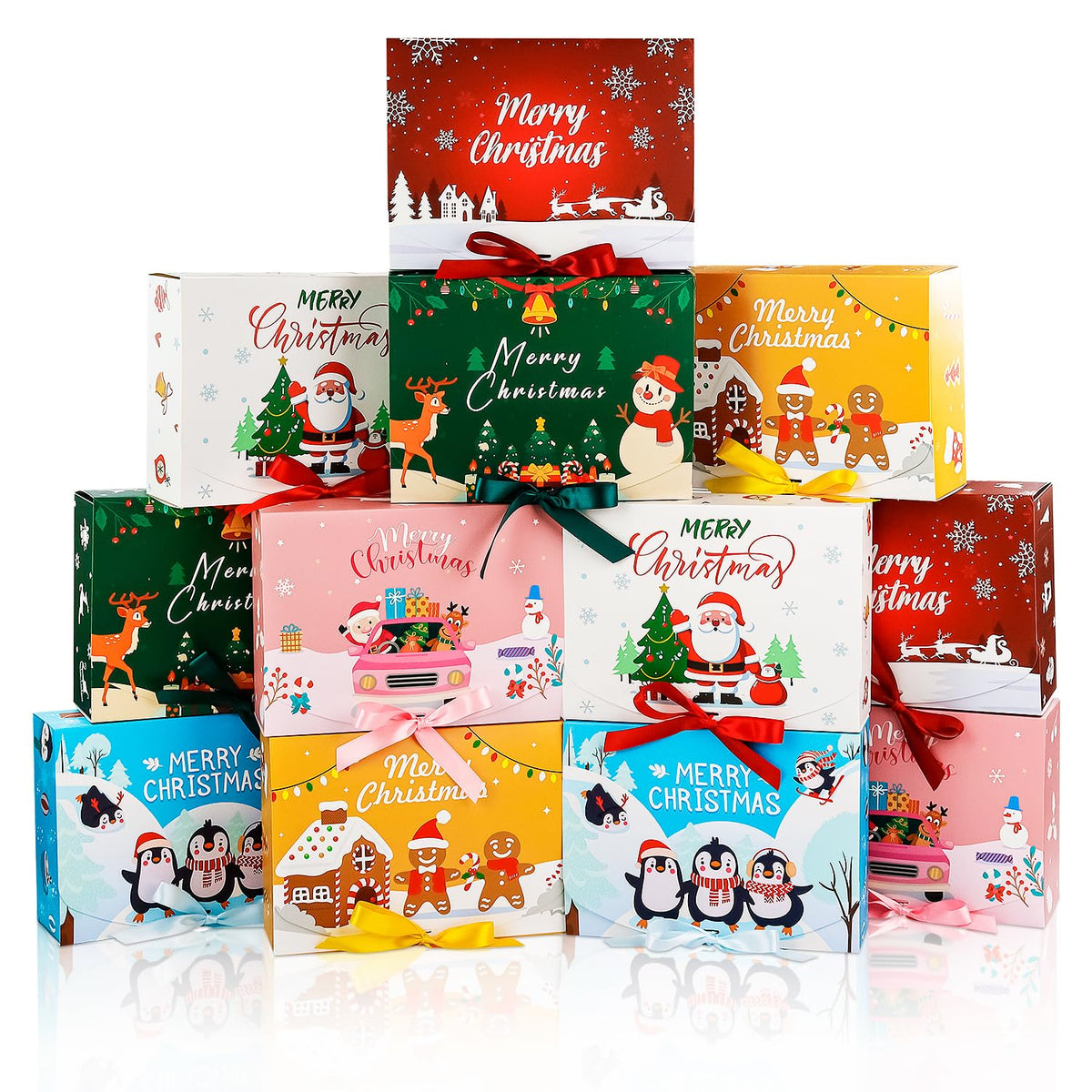Ssyuysto 12PCS Christmas Gift Boxes with Lids and Ribbon Holiday Present Boxes for Gifts Wrapping Xmas Party Favor Boxes Reusable Decorative Xmas Packaging for Cookies Candy Gifts