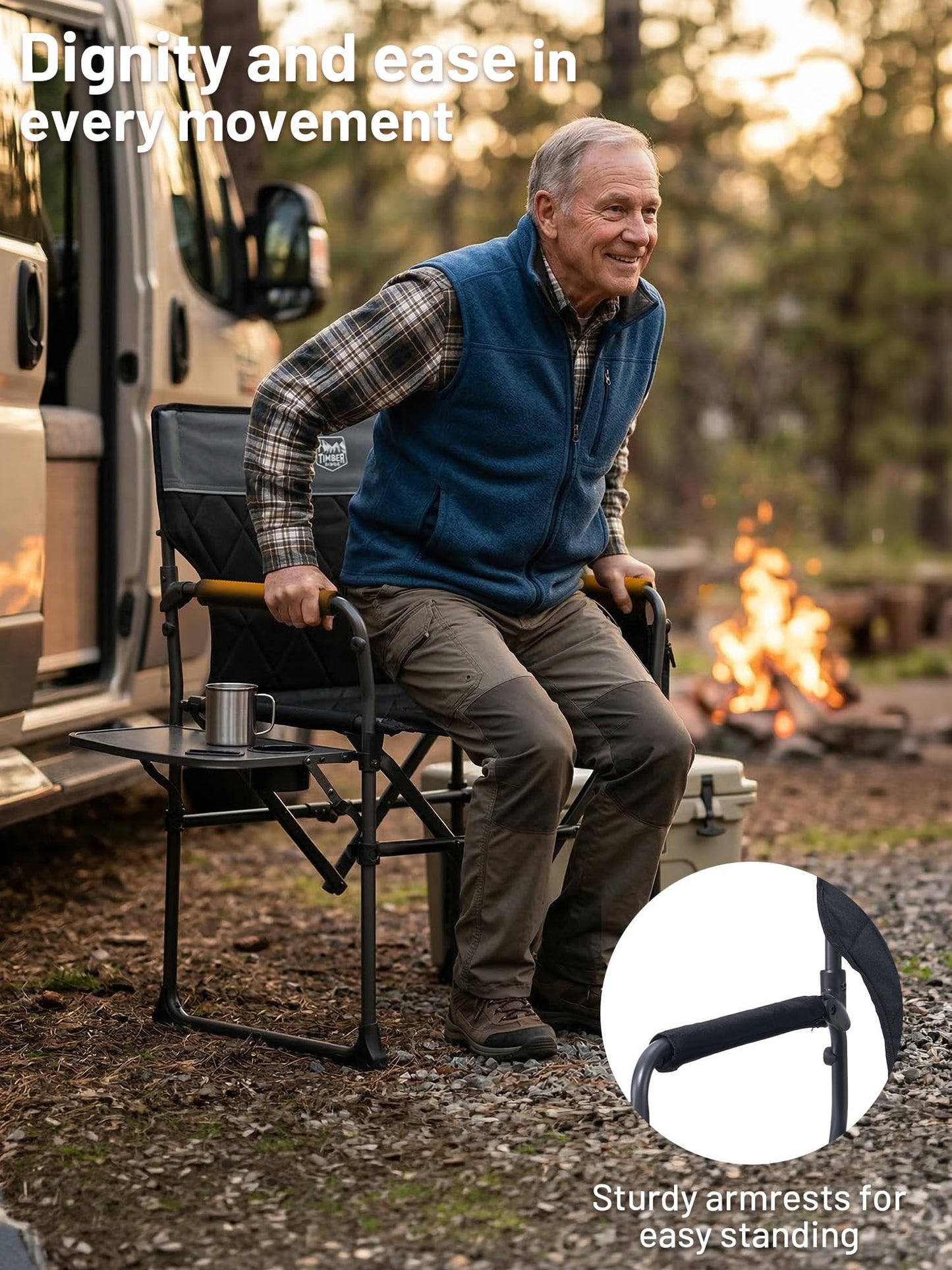 TIMBER RIDGE Heavy Duty Camping Chair with Compact Size, Portable Directors Chair with Side Table and Pocket for Camping, Lawn, Sports and Fishing, Supports Up to 400lbs, Black