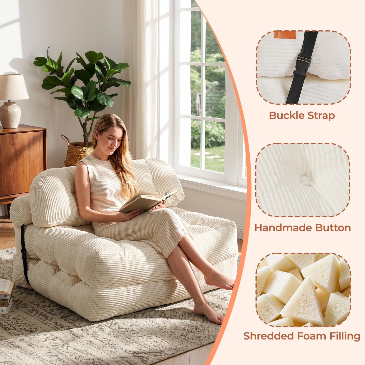 Vellorise Folding Sofa Bed, Convertible Sleeper Chair with Back Support and Pillow Futon, Boneless Matress, for Living Room/Guest Use/Home Office, Foldable Chair Bed for Adults, Beige, Full