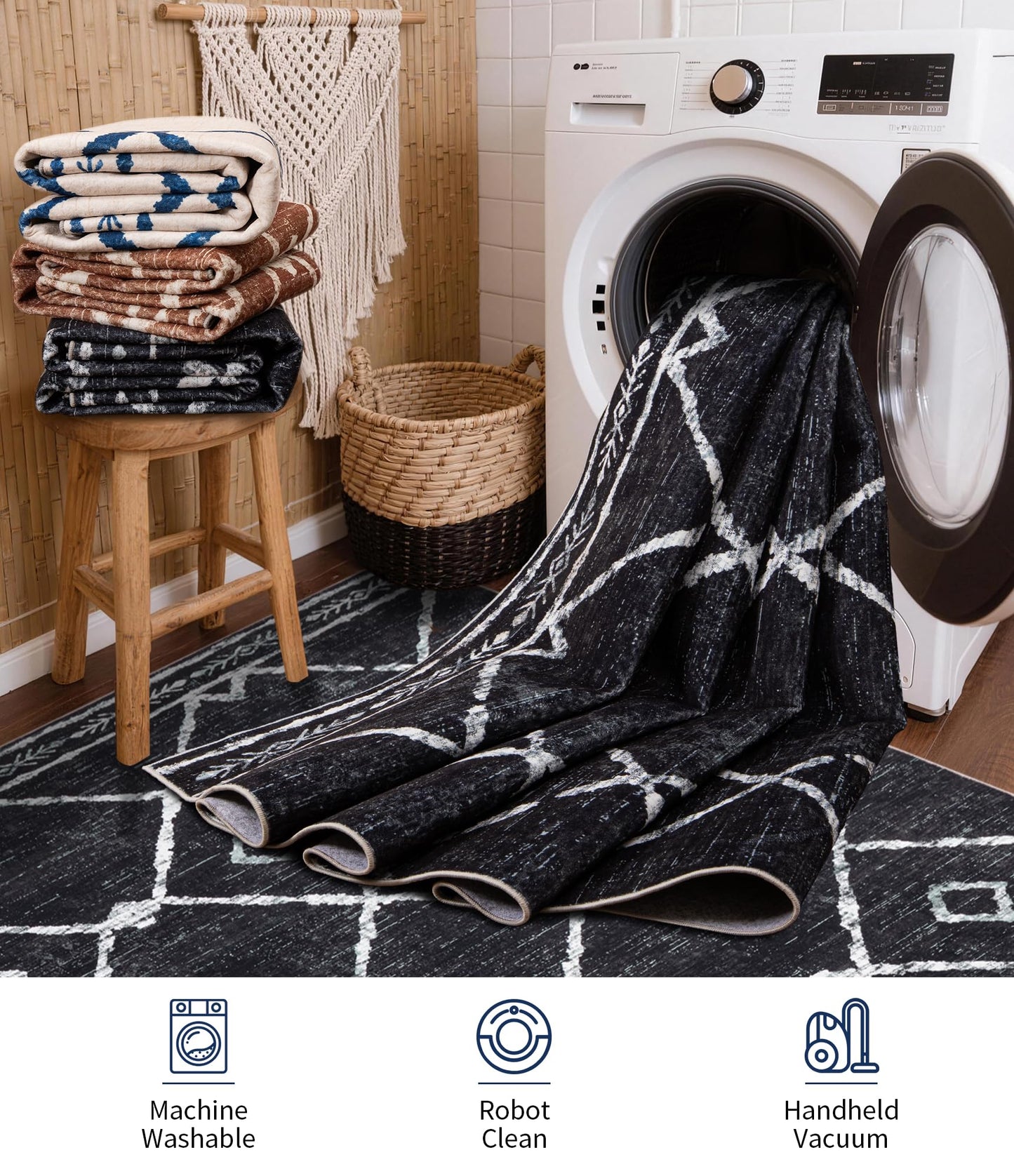 YIHOUSE Moroccan Rugs for Living Room, 6x9 Black and White Aztec Area Rug, Western Geometric Soft Low-Pile Washable Rugs for Bedroom, Dining Room