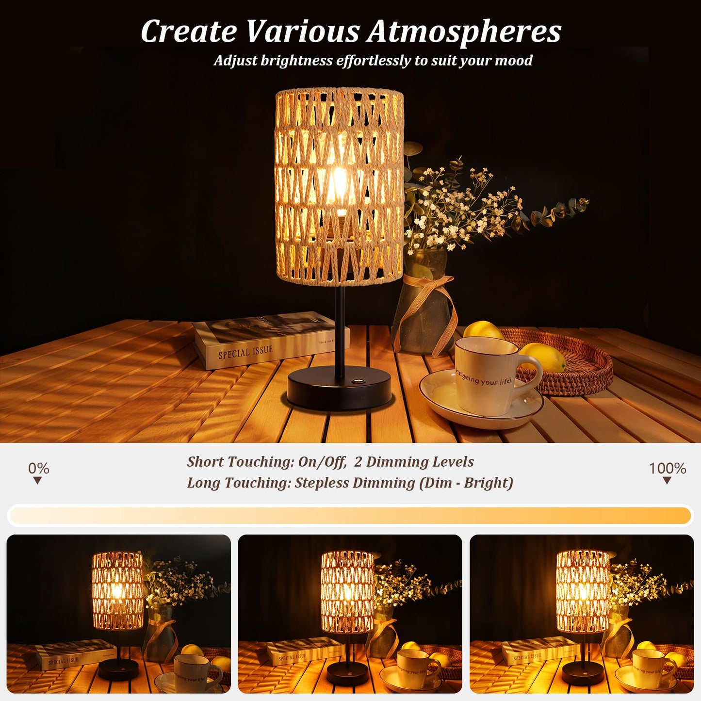 ALL FORTUNE Rechargeable Outdoor Table Lamps, Rattan Boho Cordless Battery Operated Table Lamps, Patio Lamp for Living Room, Balcony, Bedside Decor- Set of 2 (Beige)