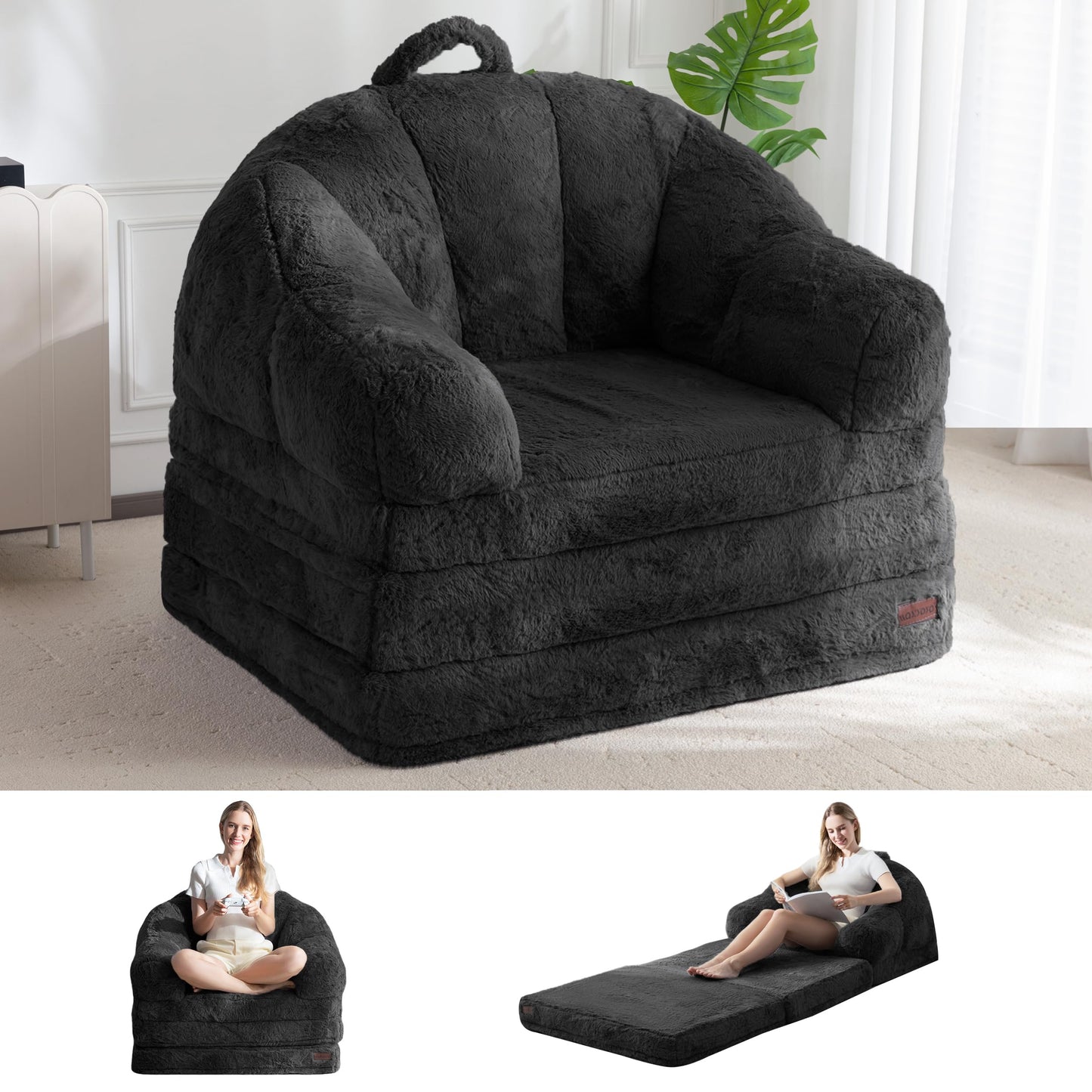 MAXYOYO Folding Sofa Bed, 2 in 1 Convertible Sofa to Lounger Comfy Single Bean Bag Chair for Adults, Floor Couch with Handle, Faux Fur Couch Bed for Living Room Bedroom, Black
