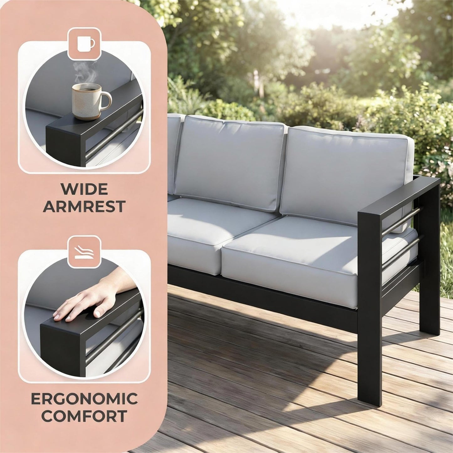 Kiss the Water 3 Seats Aluminum Outdoor Patio Sofa Set, All Weather Rust-Proof Metal Patio Couch, Modern Outdoor Furniture for Backyard Porch Garden, 5" Thick Waterproof Olefin Cushions, Light Grey