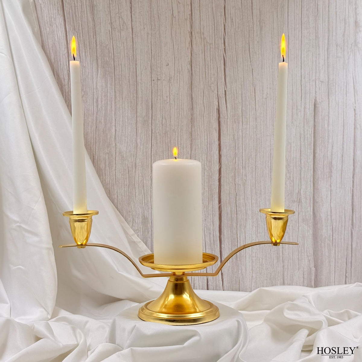 Hosley Gold Metal Unity Candle Holders for Wedding Ceremony Set. Unity Center with Two Taper Candle Holders