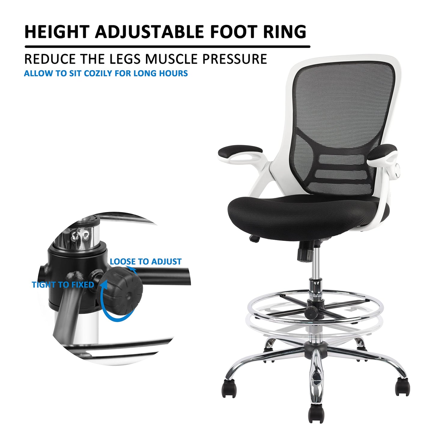 HYLONE Drafting Chair, Tall Office Chair Mesh Standing Desk Stool with Adjustable Foot Ring, Flip-Up Arms, White & Black