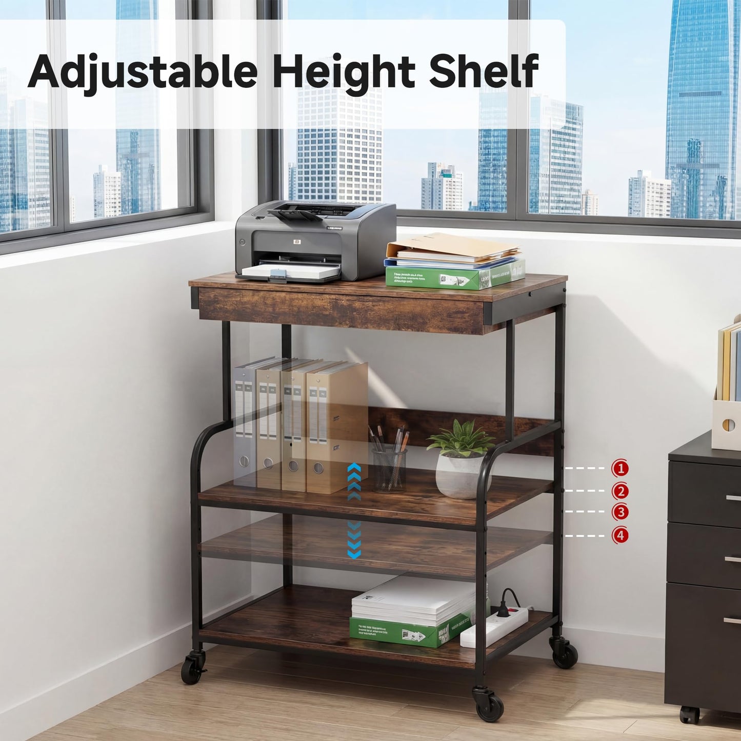 DongRong 3 Tier Printer Stand with Drawer – Rolling Printer Cart on Wheels for Home Office, Adjustable Shelf & Heavy Duty Steel Frame, Large Printer Table for Scanner Fax Copier,23.6''x18.9''