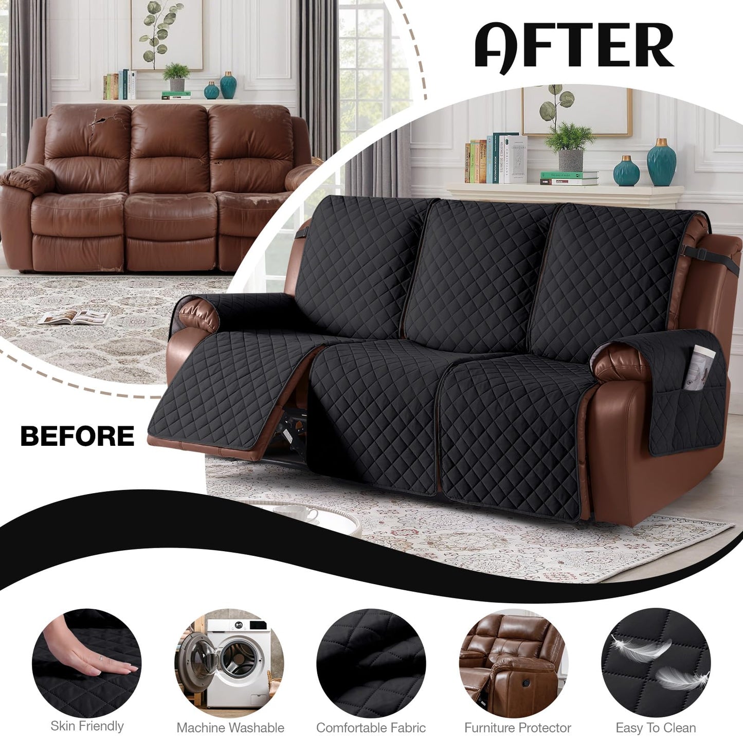 KinCam Recliner Sofa Covers for 3 Seat, 100% Waterproof Reclining Couch Covers, Non-Slip Recliner Couch Cover Furniture Protector with Elastic Straps for Pets, Kids, Black