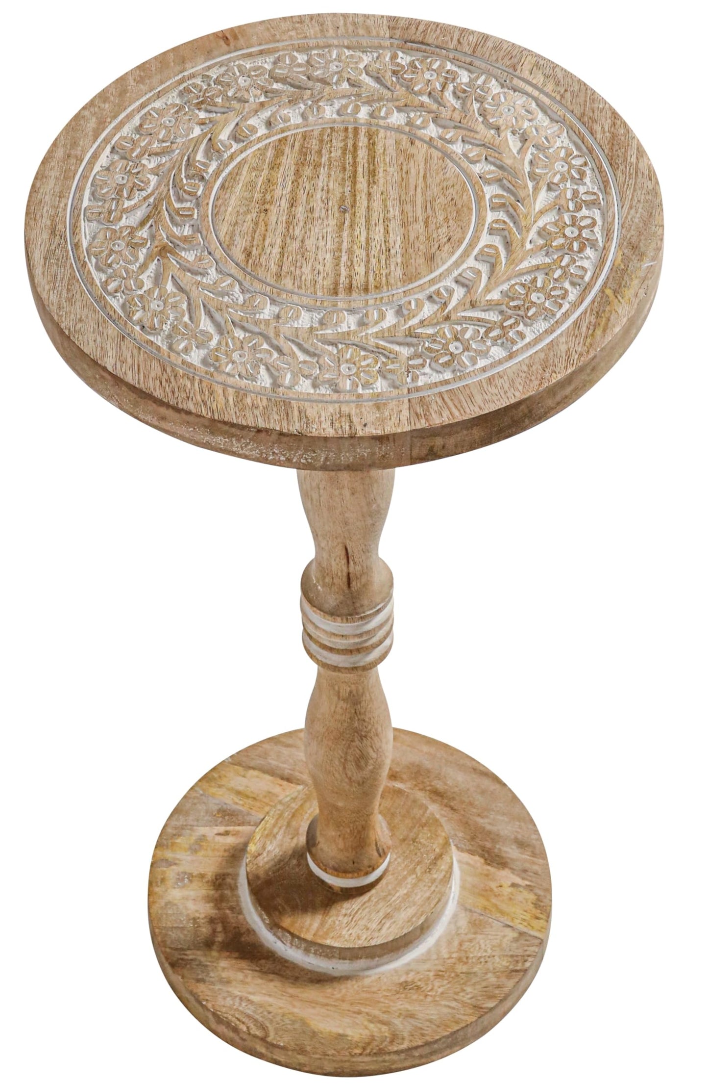 The Wooden Town Hand-Carved Solid Wood End Table - 12x22 White Wash Finish Accent Side Table for Living Room, Bedroom Nightstand, Small Pillar Table for Plants or Décor