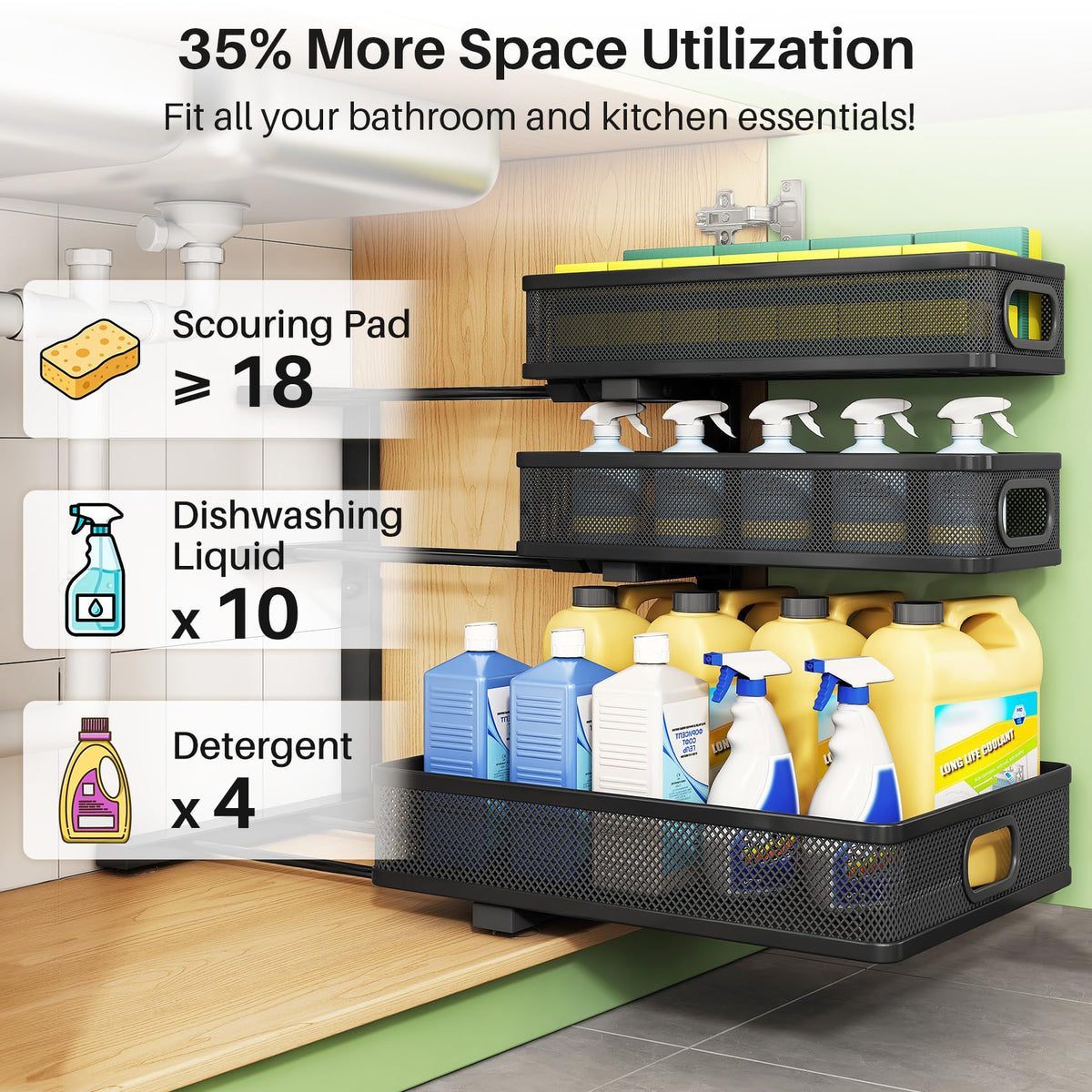 Kitstorack Under Sink Organizer, 2-Pack 3-Tier Height Adjustable Thickened Metal Pull out Cabinet Organizer Shelf, Slide out Storage Drawer Rack for Bathroom Kitchen Pantry Home Laundry Organization