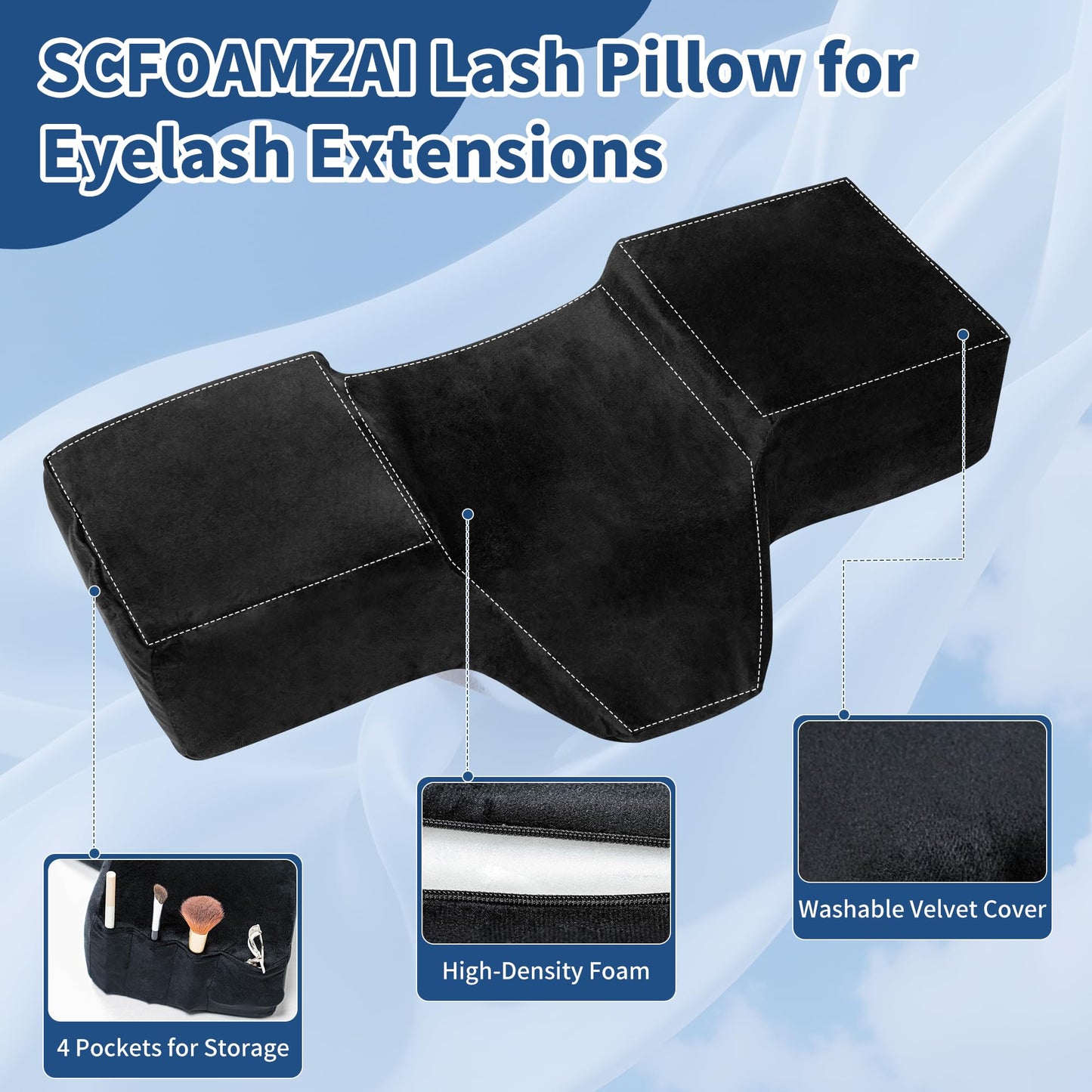 SCFOAMZAI Lash Pillow for Eyelash Extensions - Ergonomic Memory Foam Bed Pillow with Neck & Back Support, Removable Velvet Cover & Side Tool Pockets, Fits Lash Beds for Tech (Black)