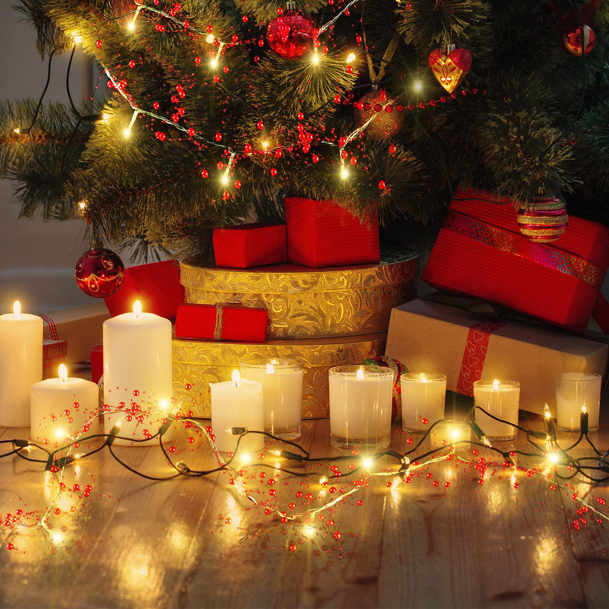 Honoson 33 Feet Christmas Berry Beaded Garland String Light Mantel Garland Christmas Fireplace Decorations, Glitter LED Bead for Fireplace Indoor Outdoor Decor(Red)