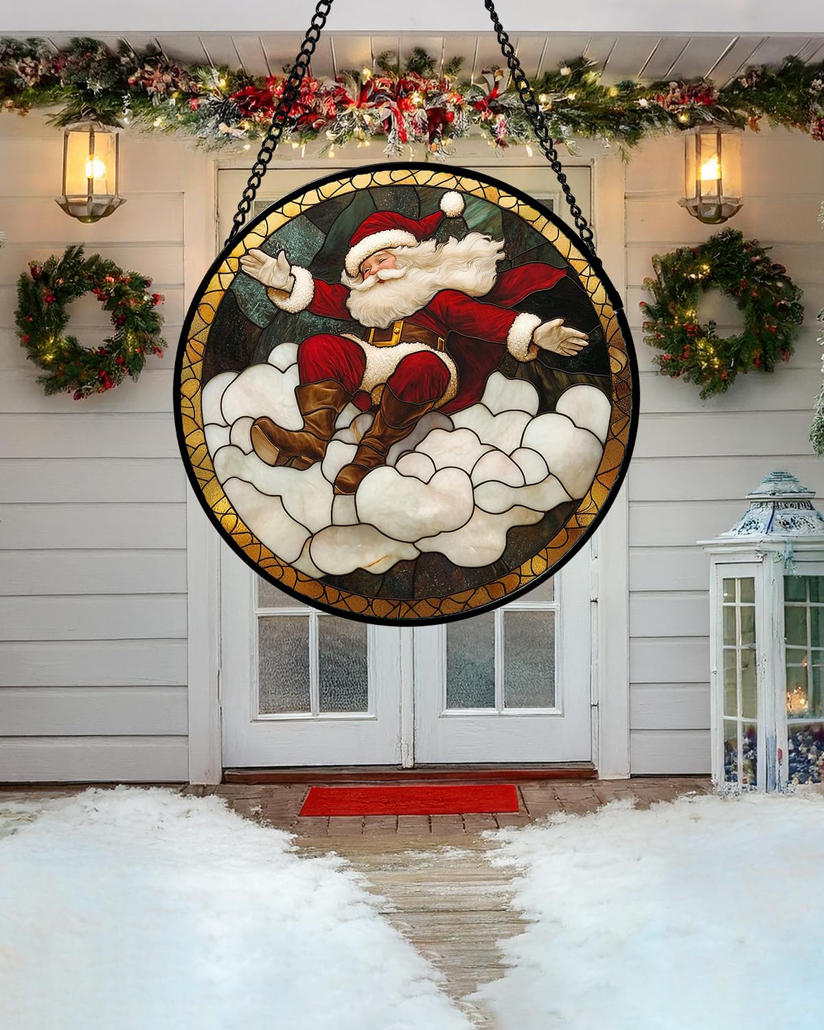 Stained Glass Window Hanging - Red White Santa Claus Clouds Suncatcher for Doors Home Christmas Decoration Sun Catcher Thanksgiving New Year Birthday Gifts for Friend Women Men Mom Nana 7.8 in