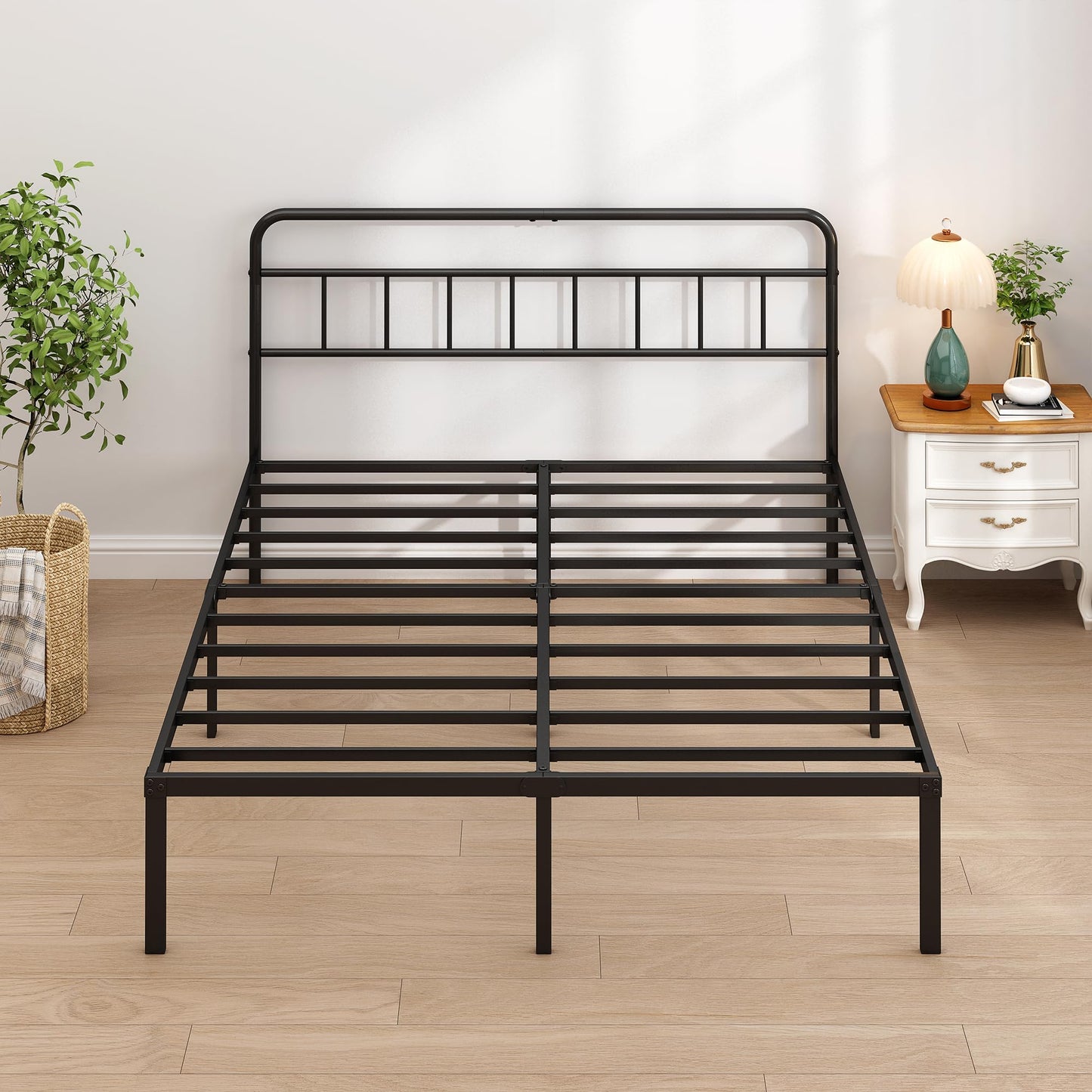 Ziguxiao King Bed Frame with Classic Headboard,Strong Metal Slats Support,Under Bed Storage Space,No Box Spring Needed,Easy to Assemble,Black
