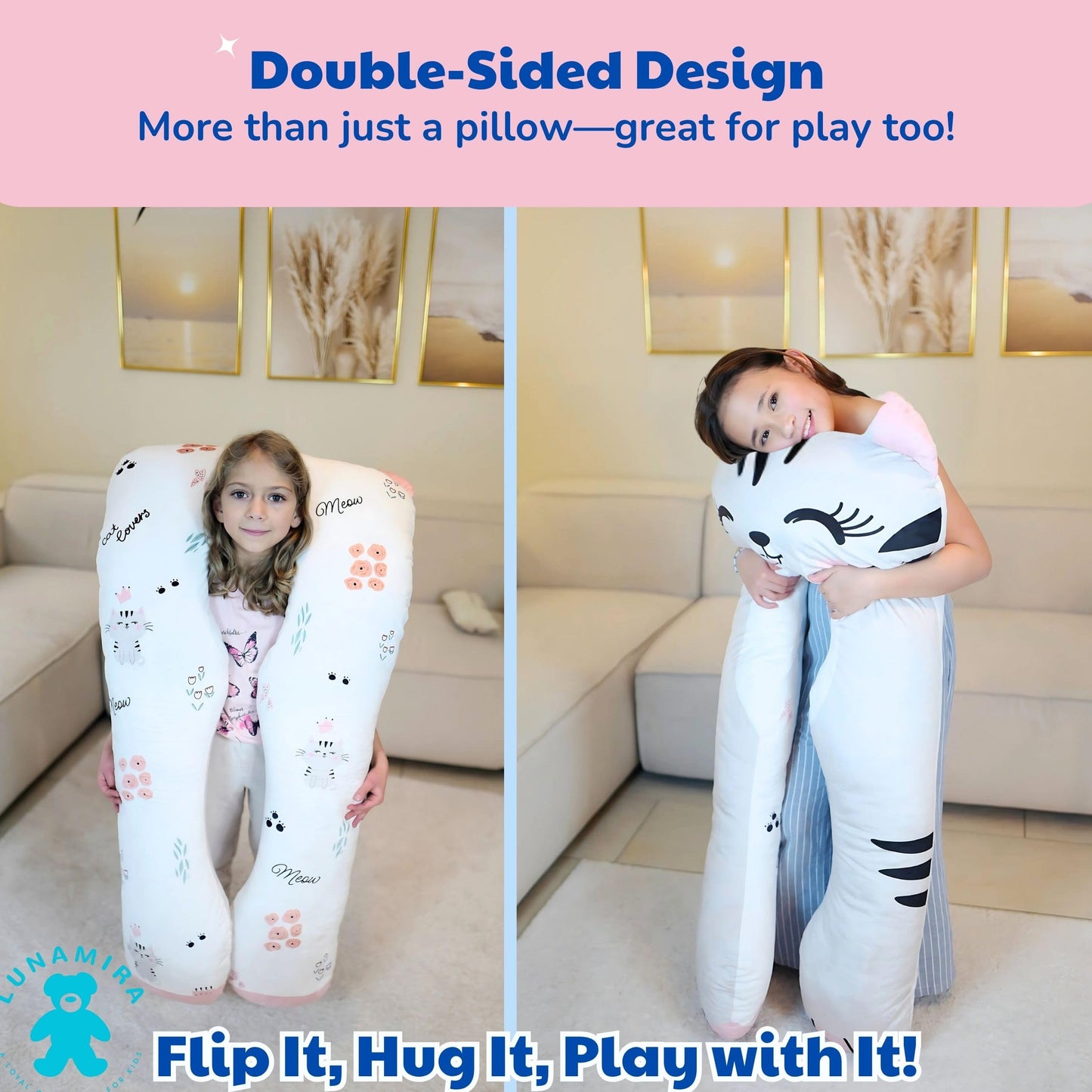 LUNAMIRA Cat Kids Body Pillow - 47" U-Shape Long Plush Soft Animal Pillow for Kids, Sleeping, Reading, ADHD & Special Needs Comfort, Anxiety, Washable Cover, Snuggle Fun Cuddle Gift for Boys & Girls
