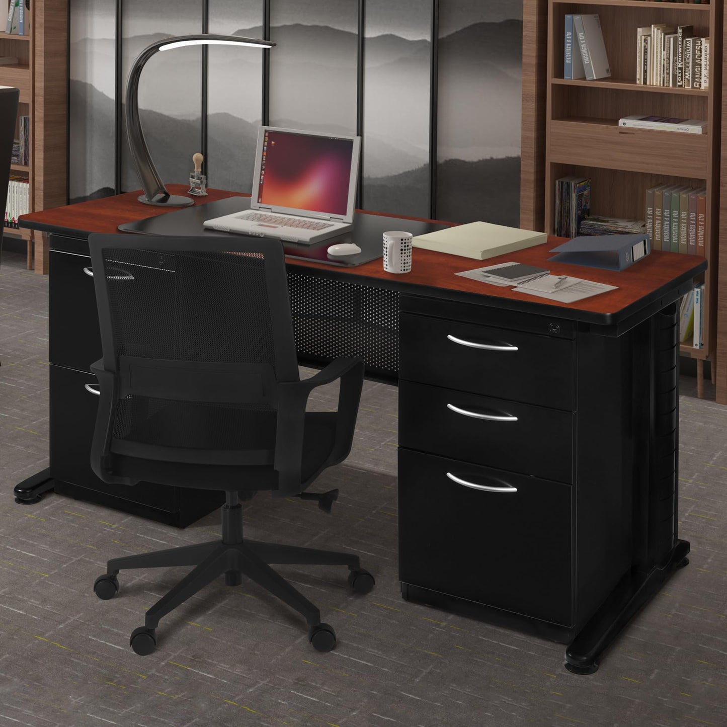 Regency Fusion 72 x 30 in. Teachers Desk with Double Pedestal Drawer Unit- Cherry