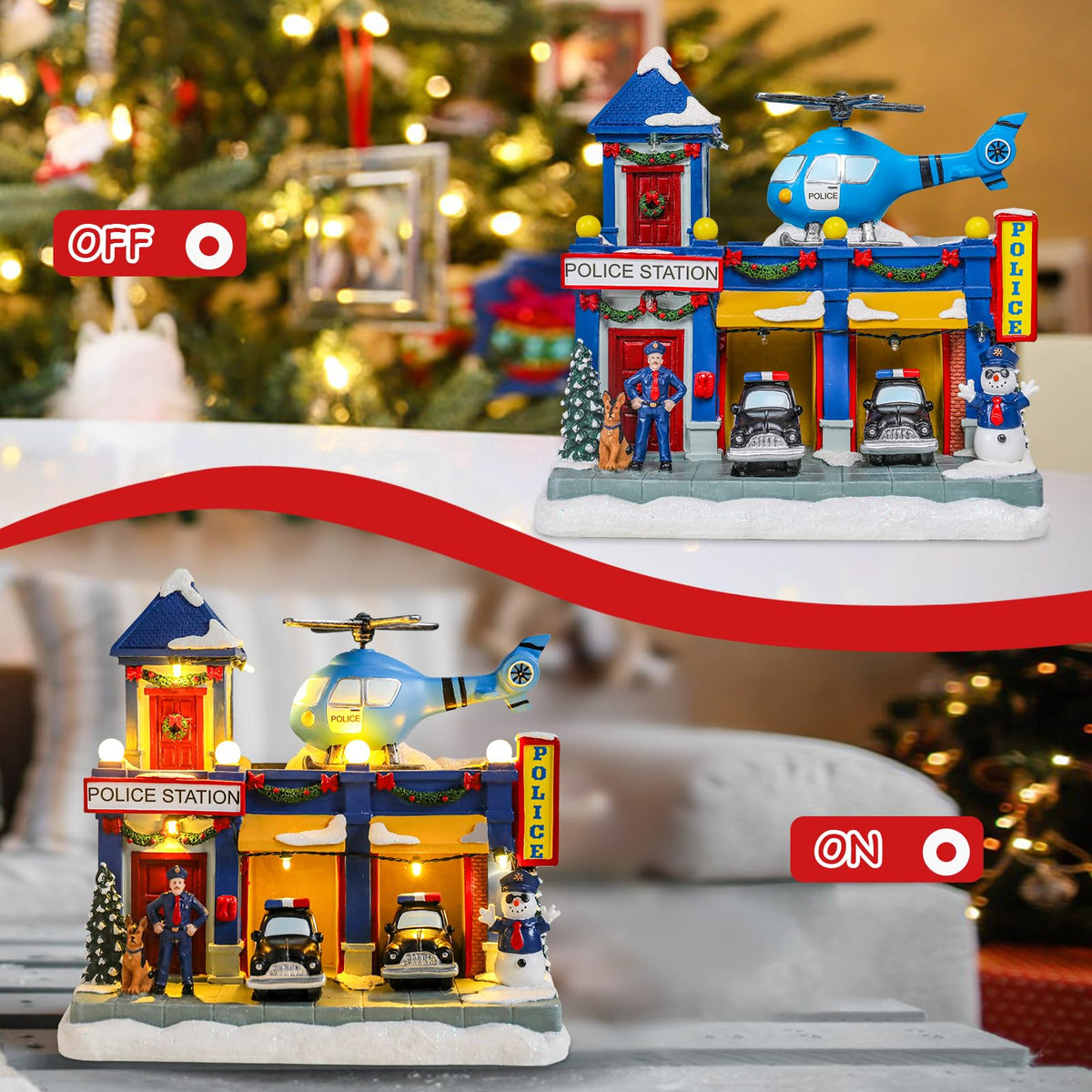 Vipush Christmas Village House Decorations Resin Police Station Home Decor Indoor Building Figurines Revolving Train with LED Light and 8 Christmas Music for Kids