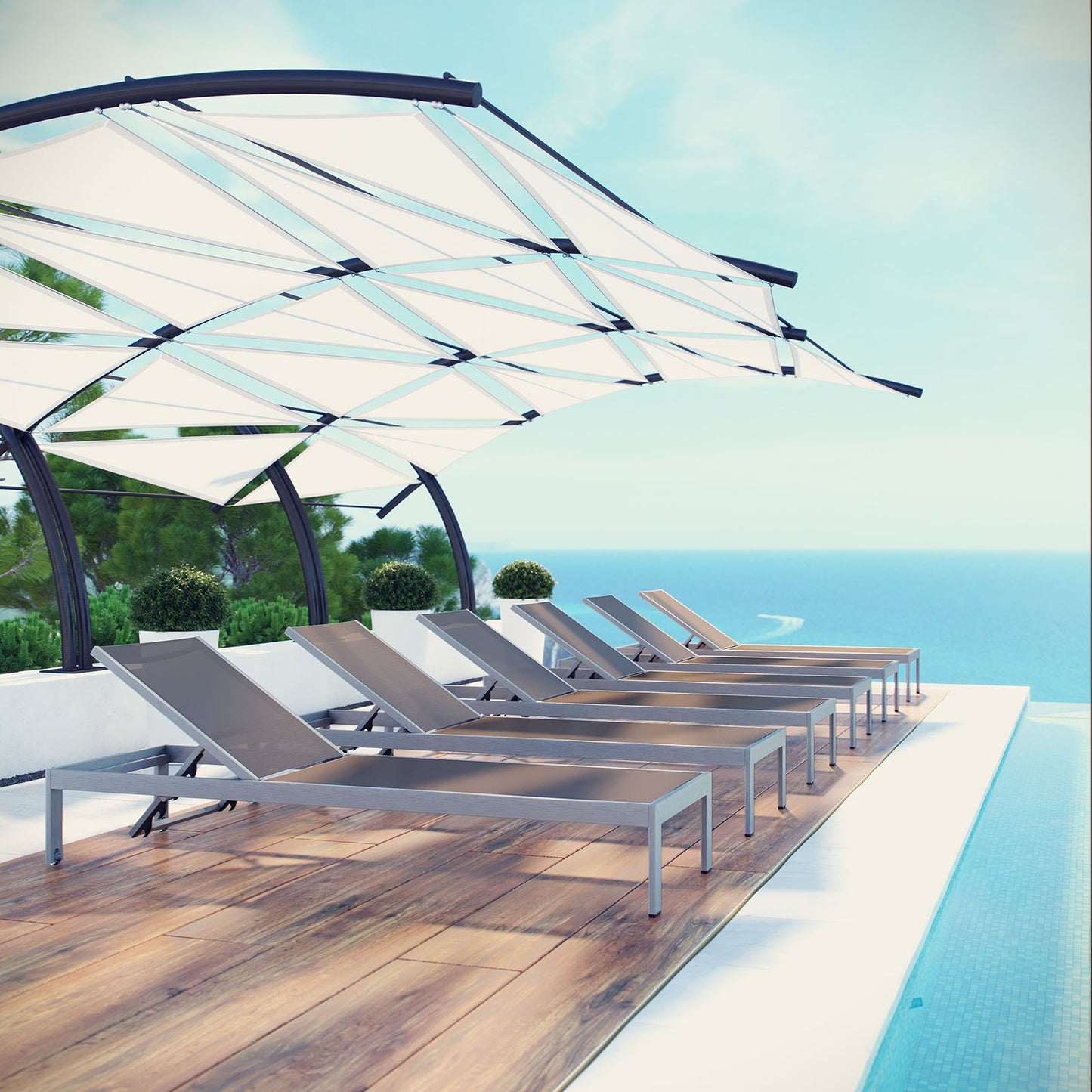 Modway Shore Aluminum Textilene® Mesh Outdoor Patio Six Poolside Chaise Lounge Chairs in Silver Gray