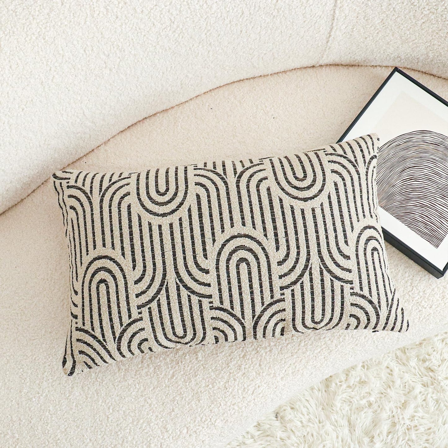 Jonhier Geometric Lumbar Throw Pillow Cover, Textured Modern Boho Neutral Decorative Cushion Case for Couch Sofa Bedroom Bed, Arc Pattern Mid Century Farmhouse Khaki Accent Pillowcase, 12 x 20 Inch