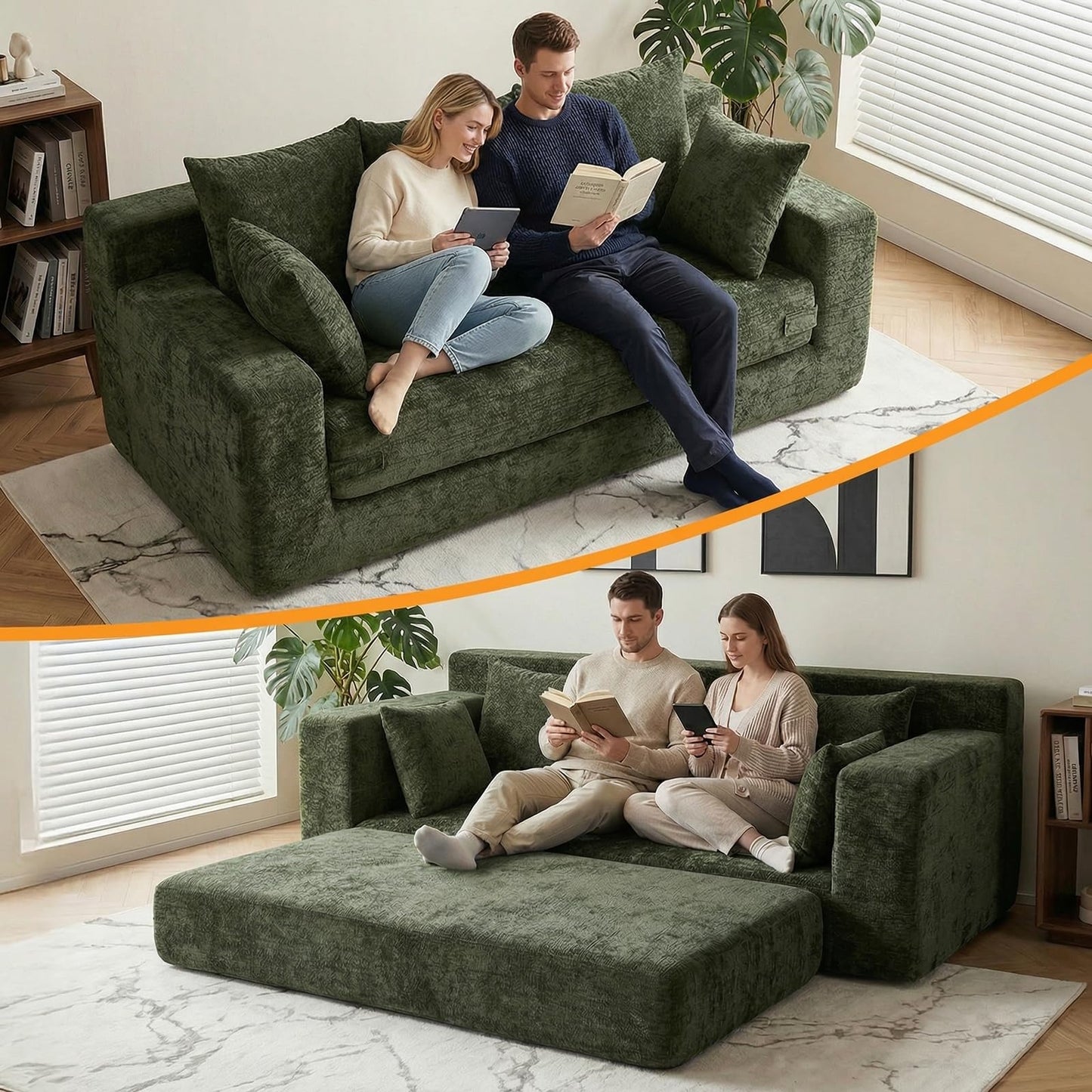 Winzoo Boneless Couches 70", 3 Seater Boneless Couch with Pull Out Sofa Bed, Boneless Couch Bed with 5 Pillows Green, Plush Velvet Sofa for Living Room & Bedroom