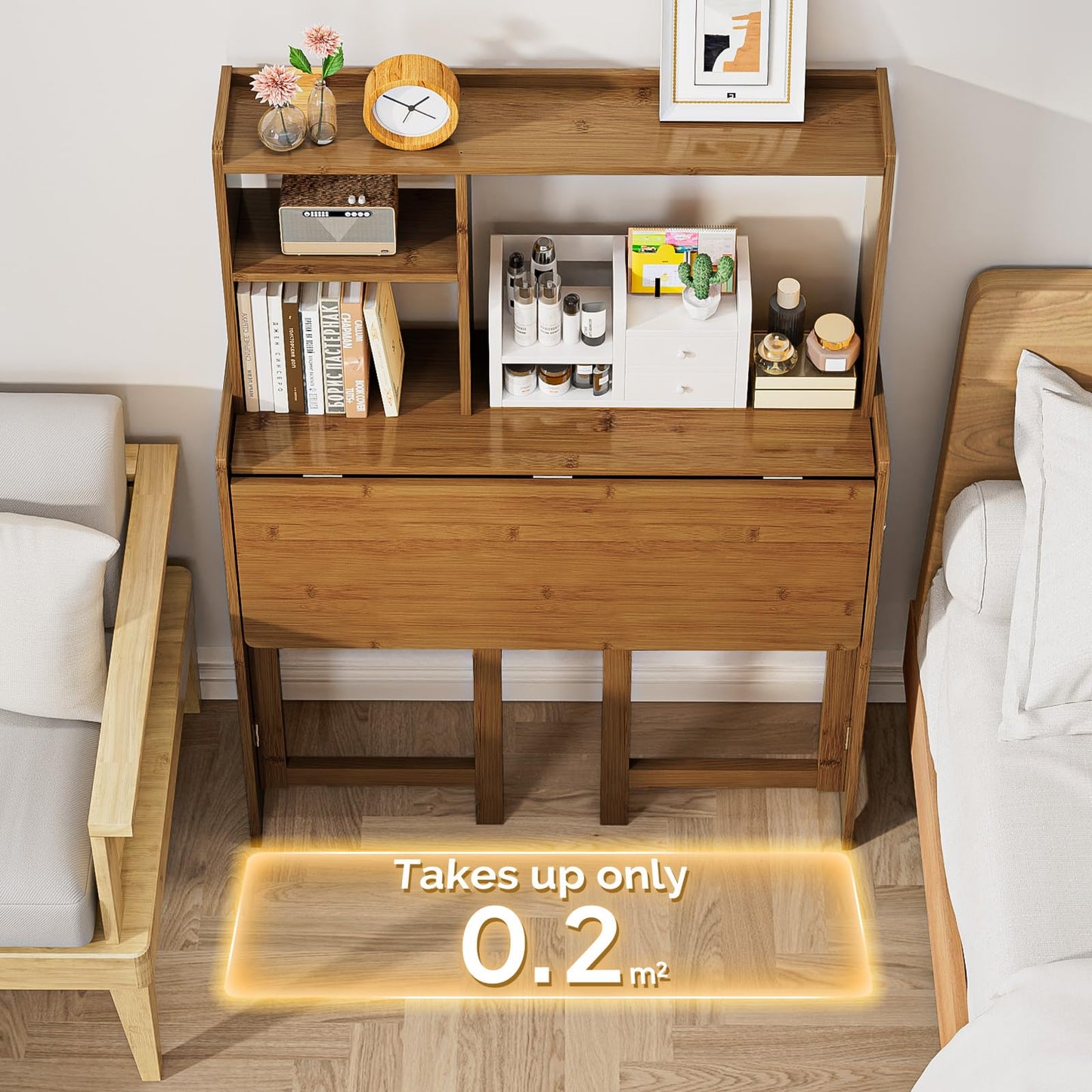 Usofhaus Bamboo Folding Desk with Bookshelf, Compact Computer Desk with Hutch for Small Spaces, Foldable Desk with Storage Shelf, Space-Saving Home Office Desk for Bedroom, Dorm, Apartment,Brown