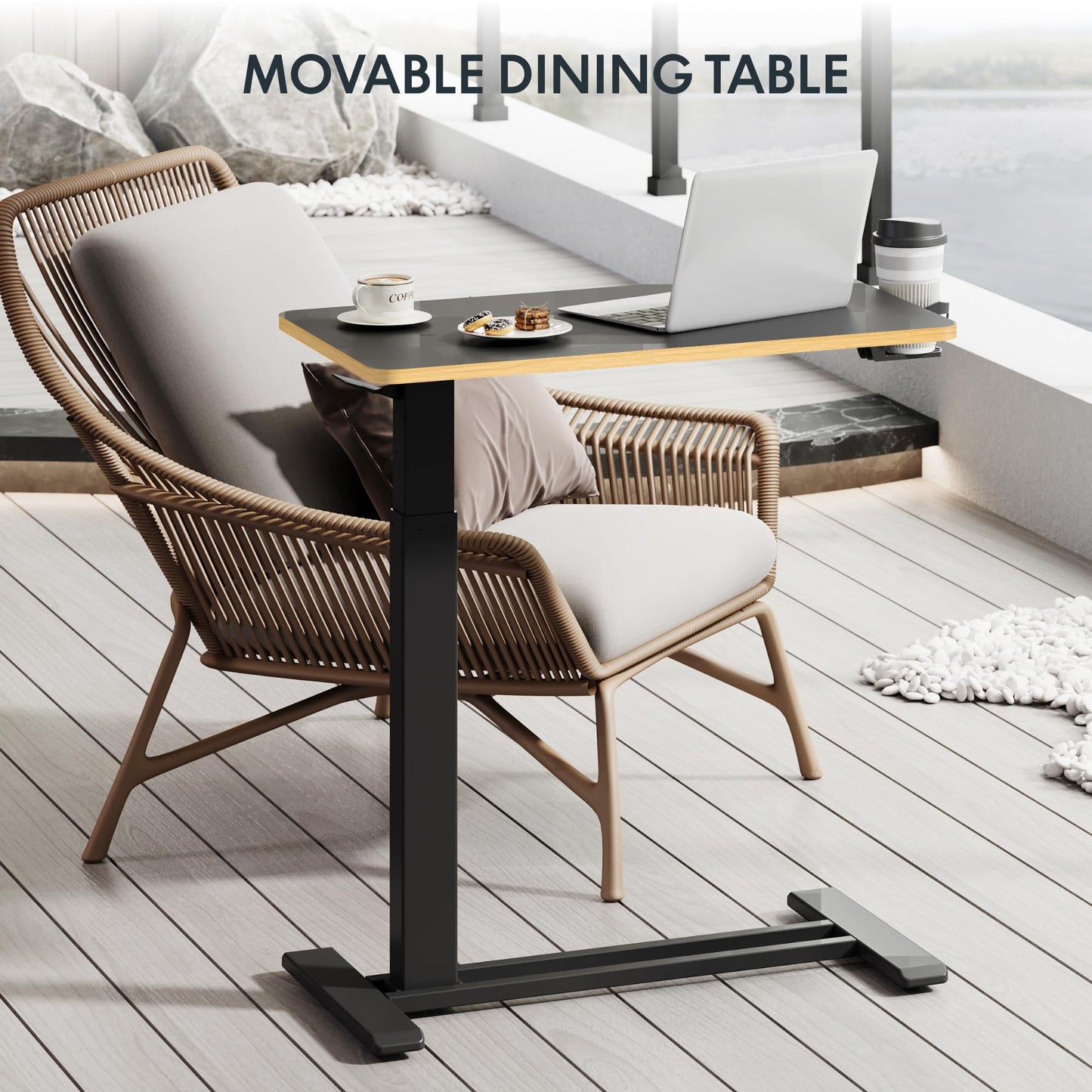 FLEXISPOT H7 Adjustable Overbed Bedside Table with Wheels Pneumatic Mobile Standing Desk Laptop Desk Rolling Computer Cart Movable Overbed Tables Hospital Home Use(27.6" W x 15.7" D, Black Maple)