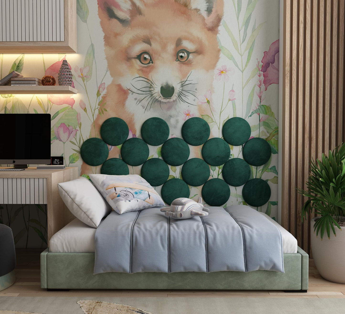 ua acoustics 4-Pack Soft Velour Upholstered Acoustic Wall Panels | Decorative Headboard Panels for Children's Room & Playroom | Cozy Wall Padding & Safety Railing | (Green, 4X Round (25x25cm))