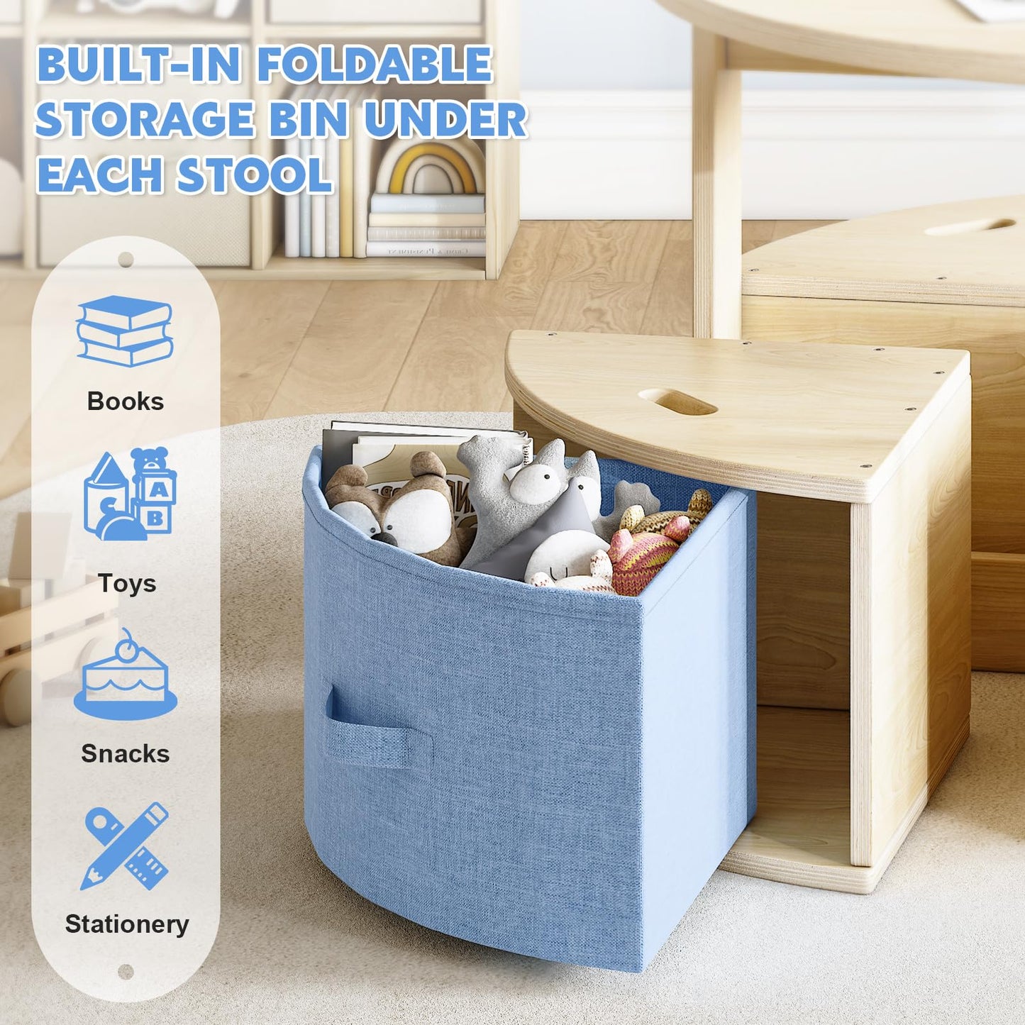 EXPERLAM Round Kids Table and 4 Chairs Set, Toddler Activity Table with Storage Bins Under Each Stool, Wooden Kids Table for Play, Art, Reading and Snacks, Space-Saving Children Furniture, Burlywood