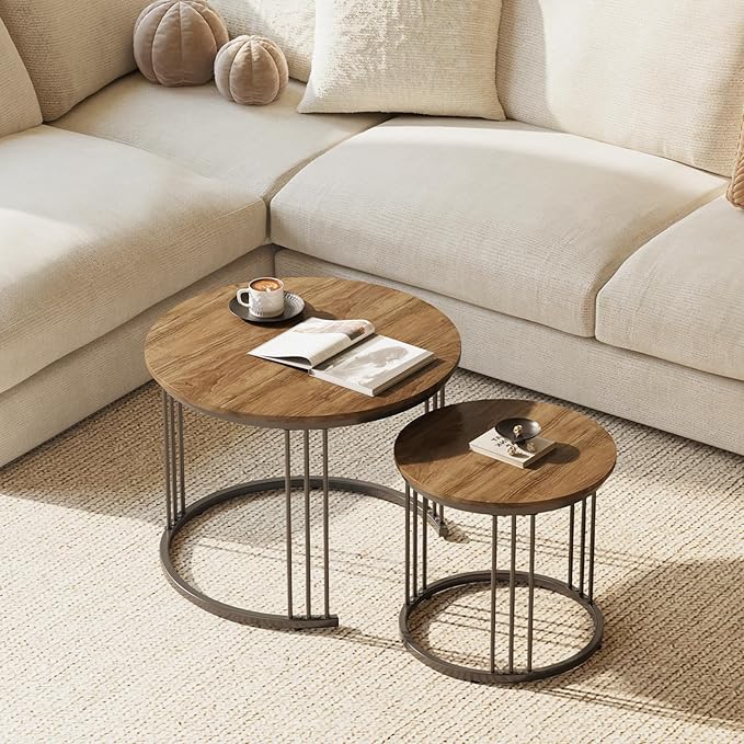 Garden 4 you Nesting Coffee Table, 23.6" Round Coffee Table Set of 2, Wooden