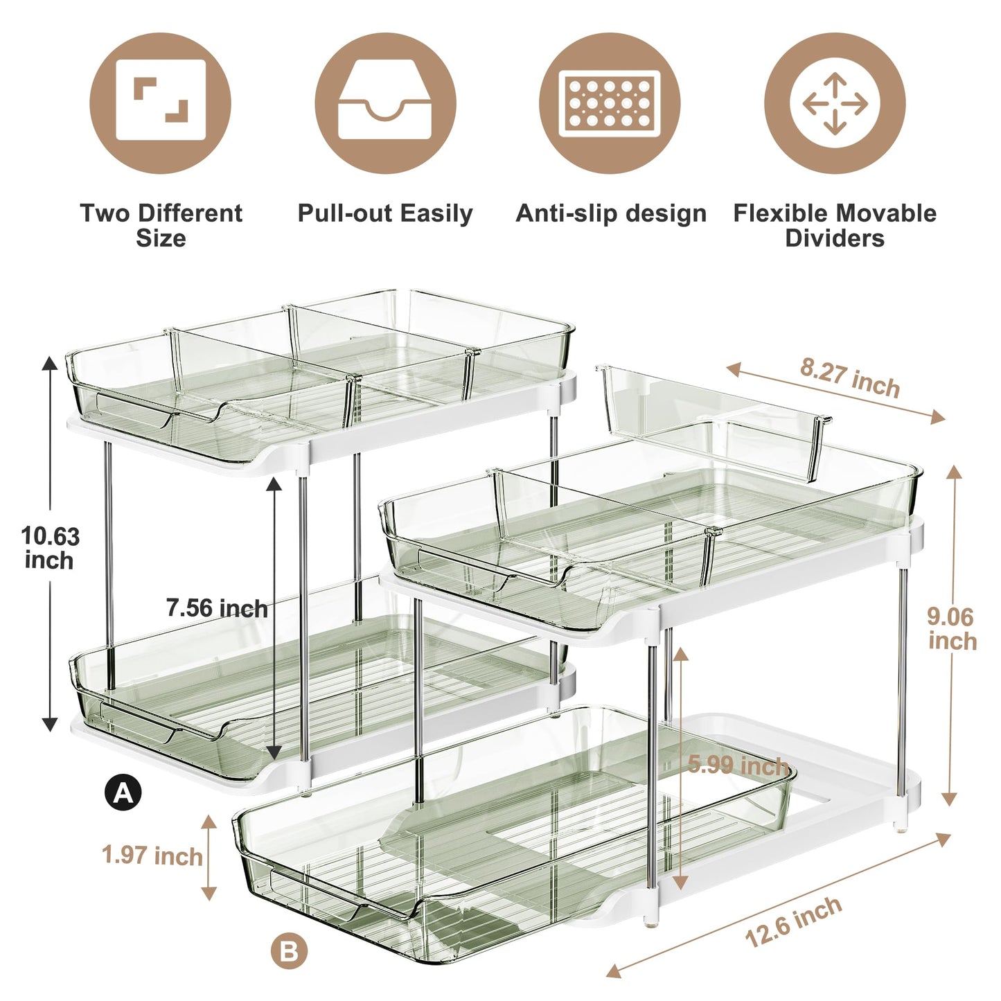 Delamu 2-Tier Multi-Purpose Bathroom Under Sink Organizers and Storage, Stackable Kitchen Pantry Organization, Pull Out Medicine Cabinet Organizer with Movable Dividers, Light Green, 2 Pack