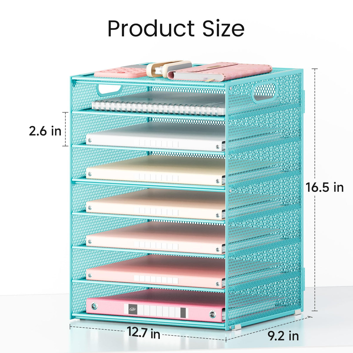 Lavatino 8-Tier Office Desk File Organizer, Letter Tray Paper Organizer with Handle, Including 5 Adjustable Slide Trays for Organizing Desktop Workspace Accessories and Supplies (Blue Metal Mesh)